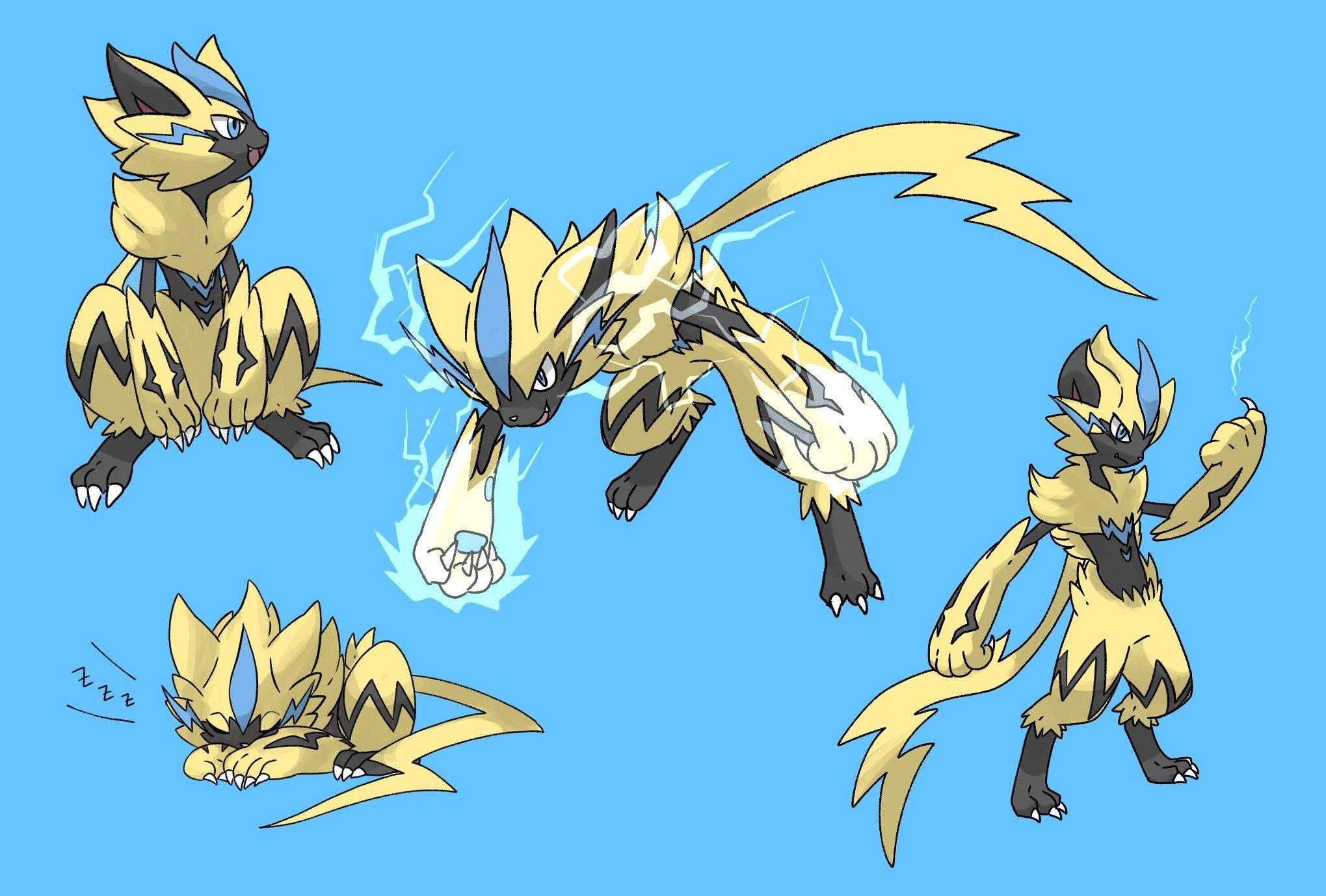 Zeraora, blue background, yellow and black, Full HD Desktop Wallpaper