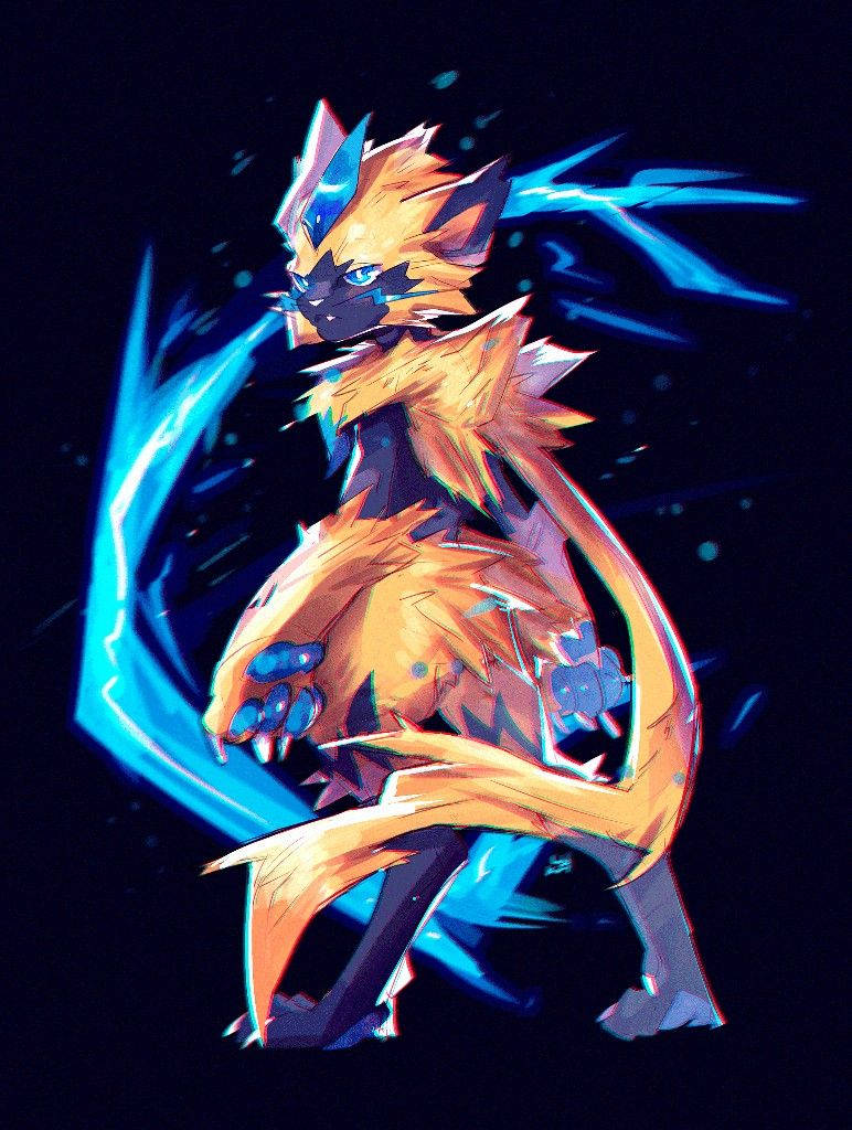 Zeraora, blue lightning effects, fiery orange fox-like creature, SD Phone Wallpaper