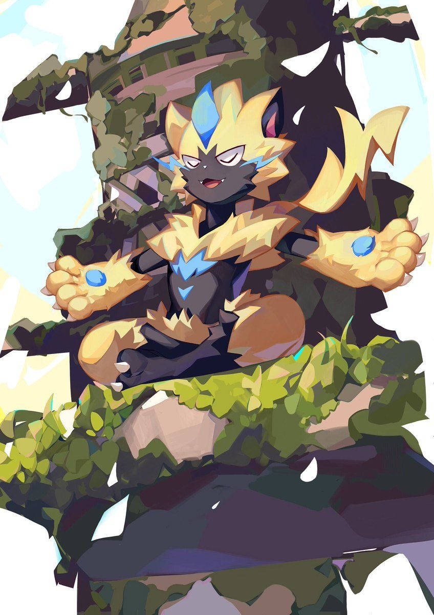 Zeraora, mossy ruin, bright sky, SD Phone Wallpaper