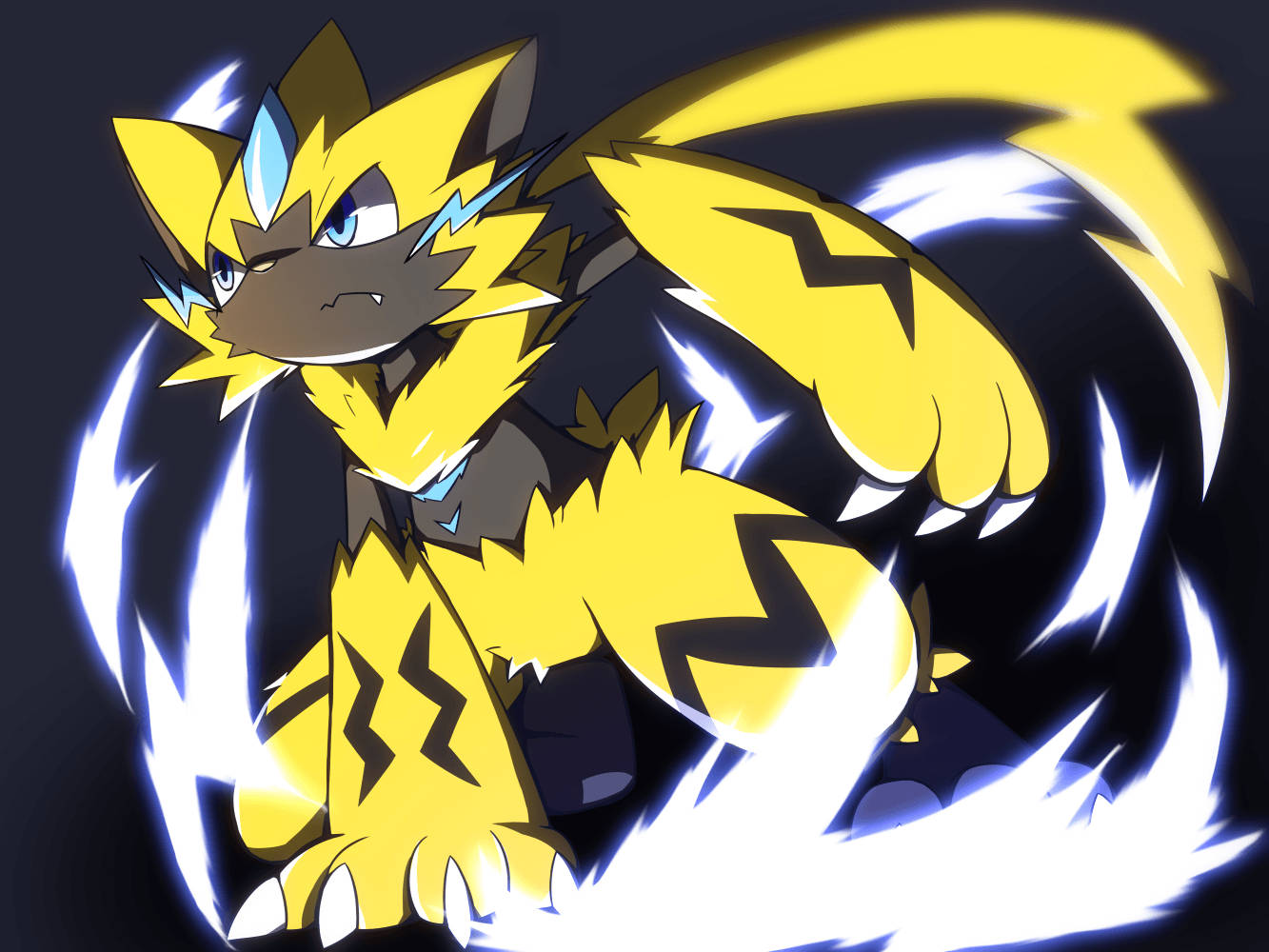 Zeraora, paw on ground, yellow lightning-themed, HD Desktop Wallpaper