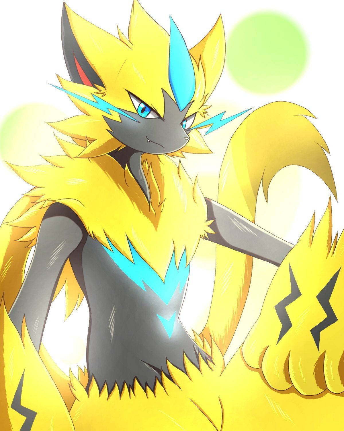 Zeraora, green circle, anime-style electric fox, HD Phone Wallpaper