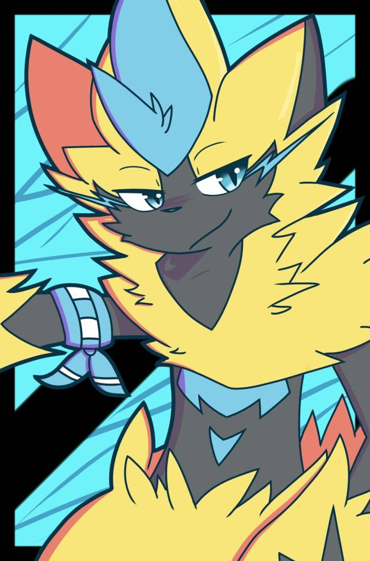 Zeraora, blue background, electric blue eyes, SD Phone Wallpaper