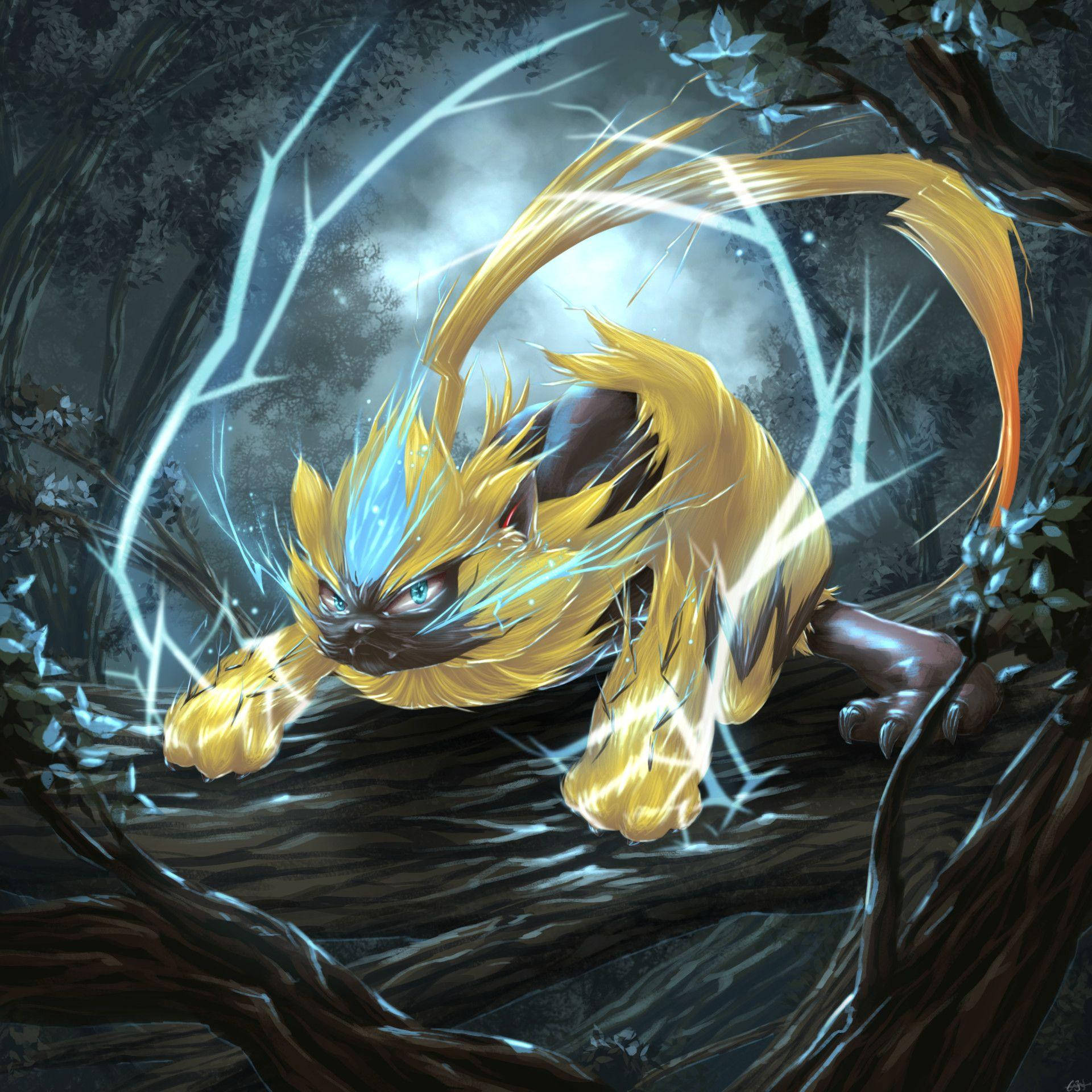 Zeraora, golden electric cat, glowing blue fur, Full HD Desktop Wallpaper
