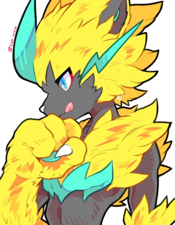 Zeraora, fiery yellow fur, teal lightning motifs, SD Phone Wallpaper