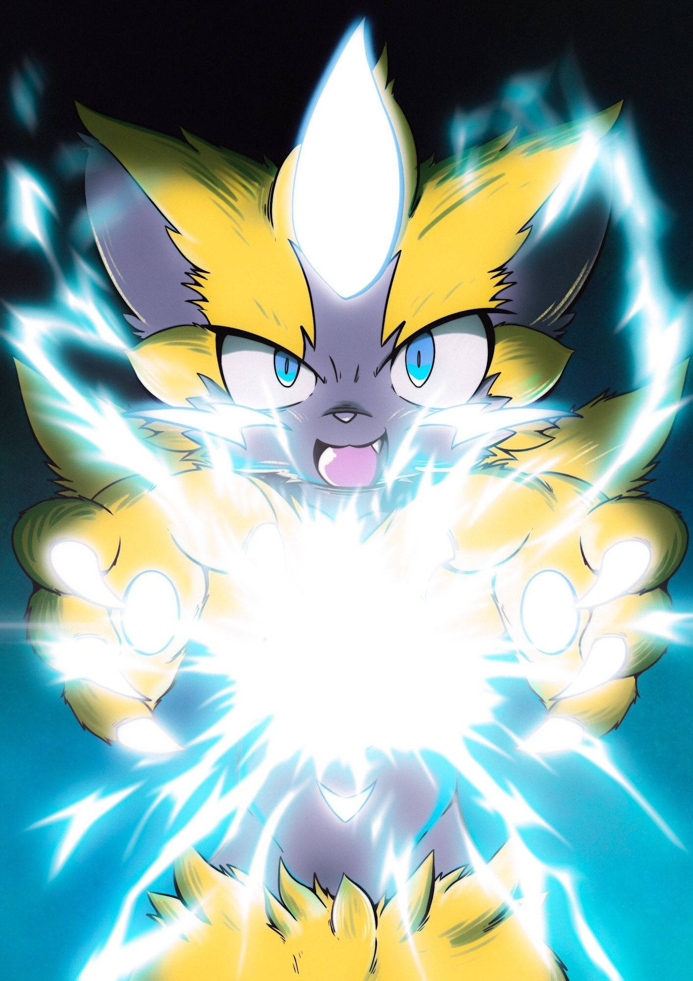 Zeraora, crackling blue lightning, yellow fox-like Pokémon, Full HD Phone Wallpaper