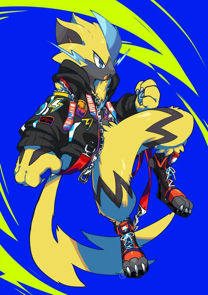 Zeraora, blue background, punk jacket, SD Phone Wallpaper