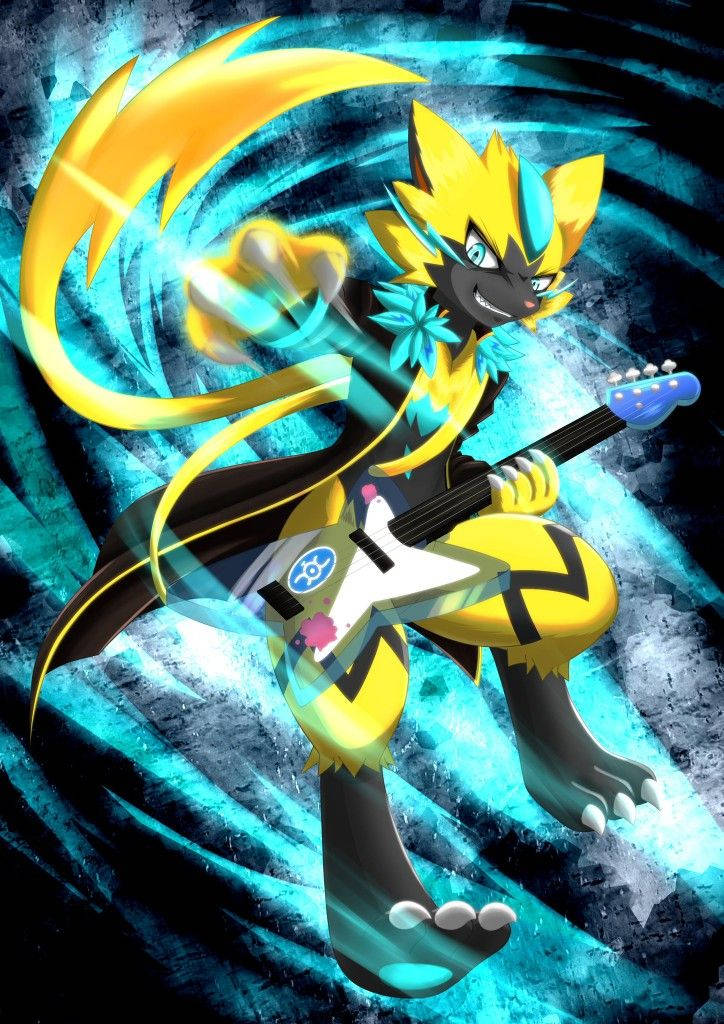 Zeraora, rock star guitar, anime-style electric cat, SD Phone Wallpaper