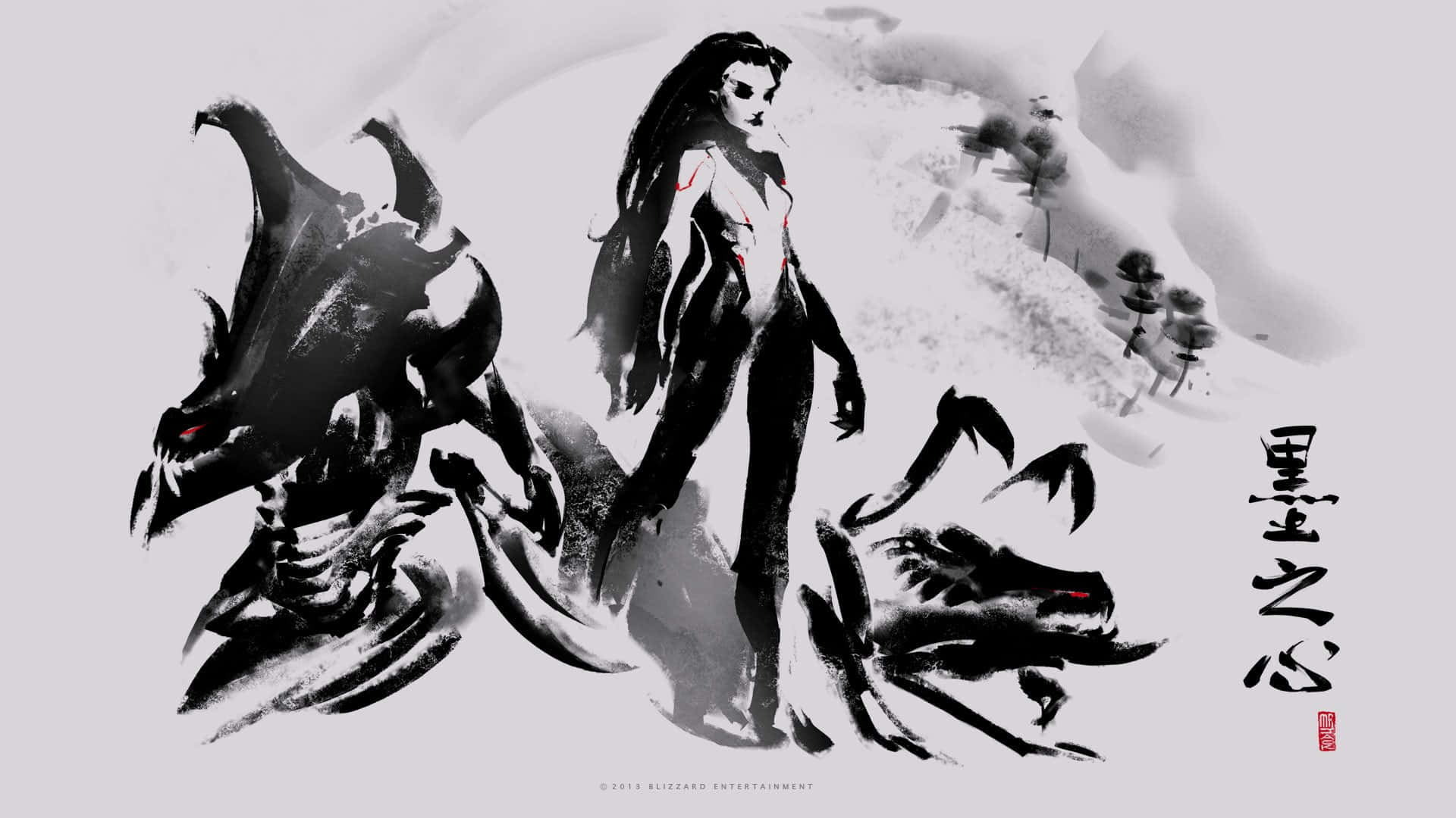 Zerg, ink-dragon creatures, monochrome ink wash style, Full HD Desktop Wallpaper
