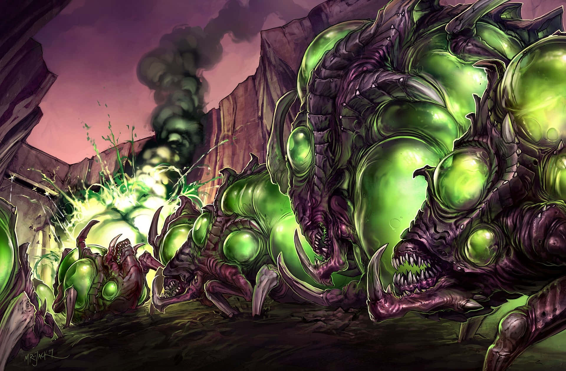 Zerg, grotesque green alien creatures, glowing eyes, Full HD Desktop Wallpaper