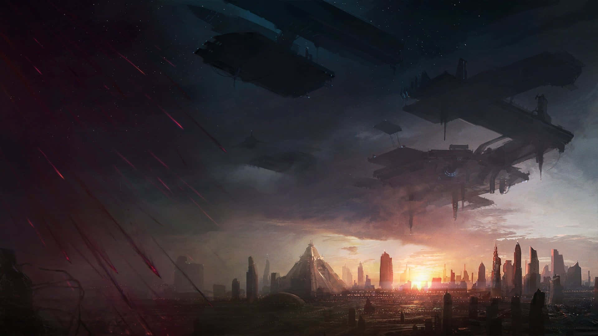 Zerg, futuristic city skyline, sunset, Full HD Desktop Wallpaper