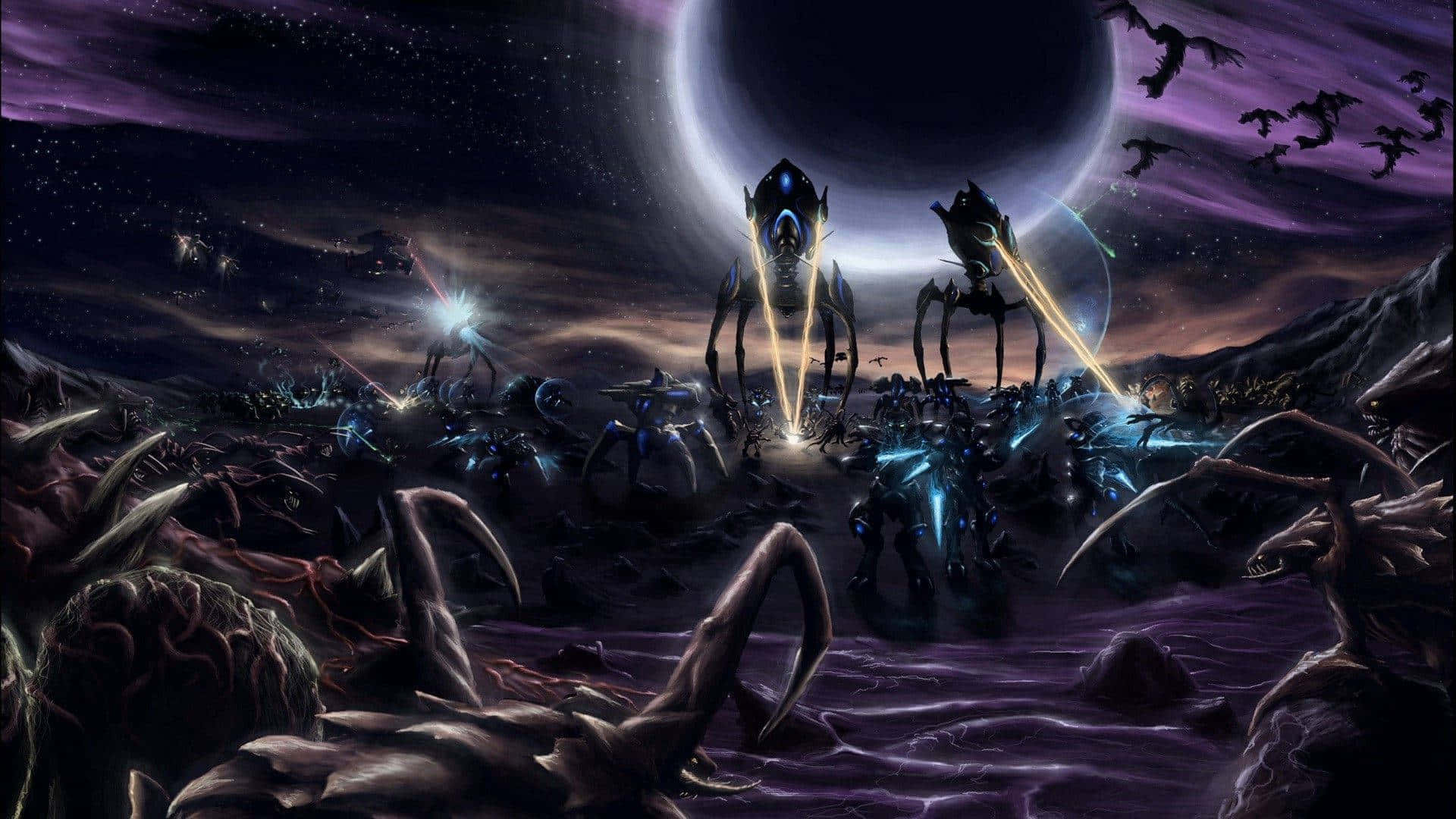 Zerg, glowing beams, purple alien battlefield, Full HD Desktop Wallpaper