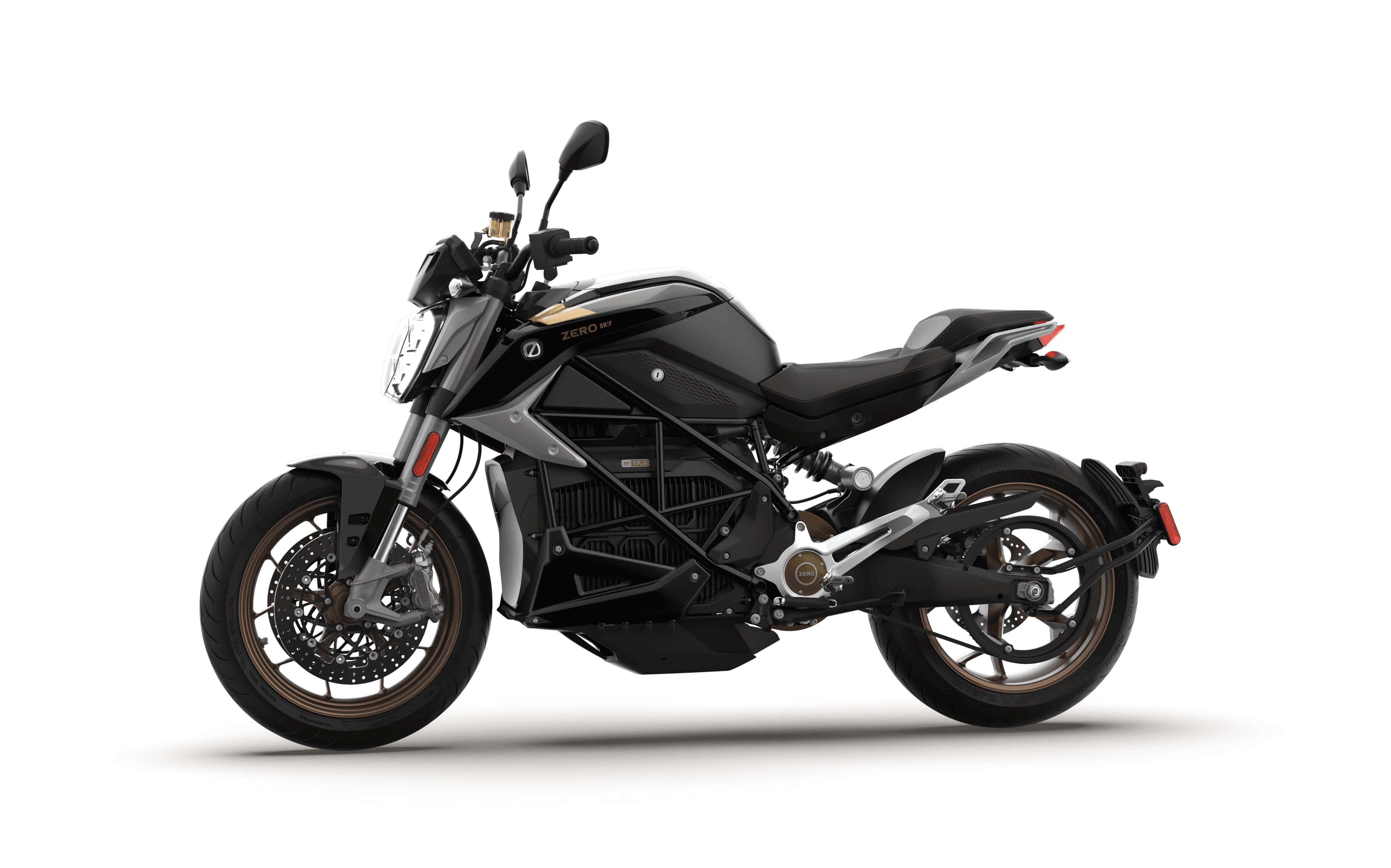 Zero Motorcycles, sleek black electric motorcycle, gold accents, 4K Desktop Wallpaper