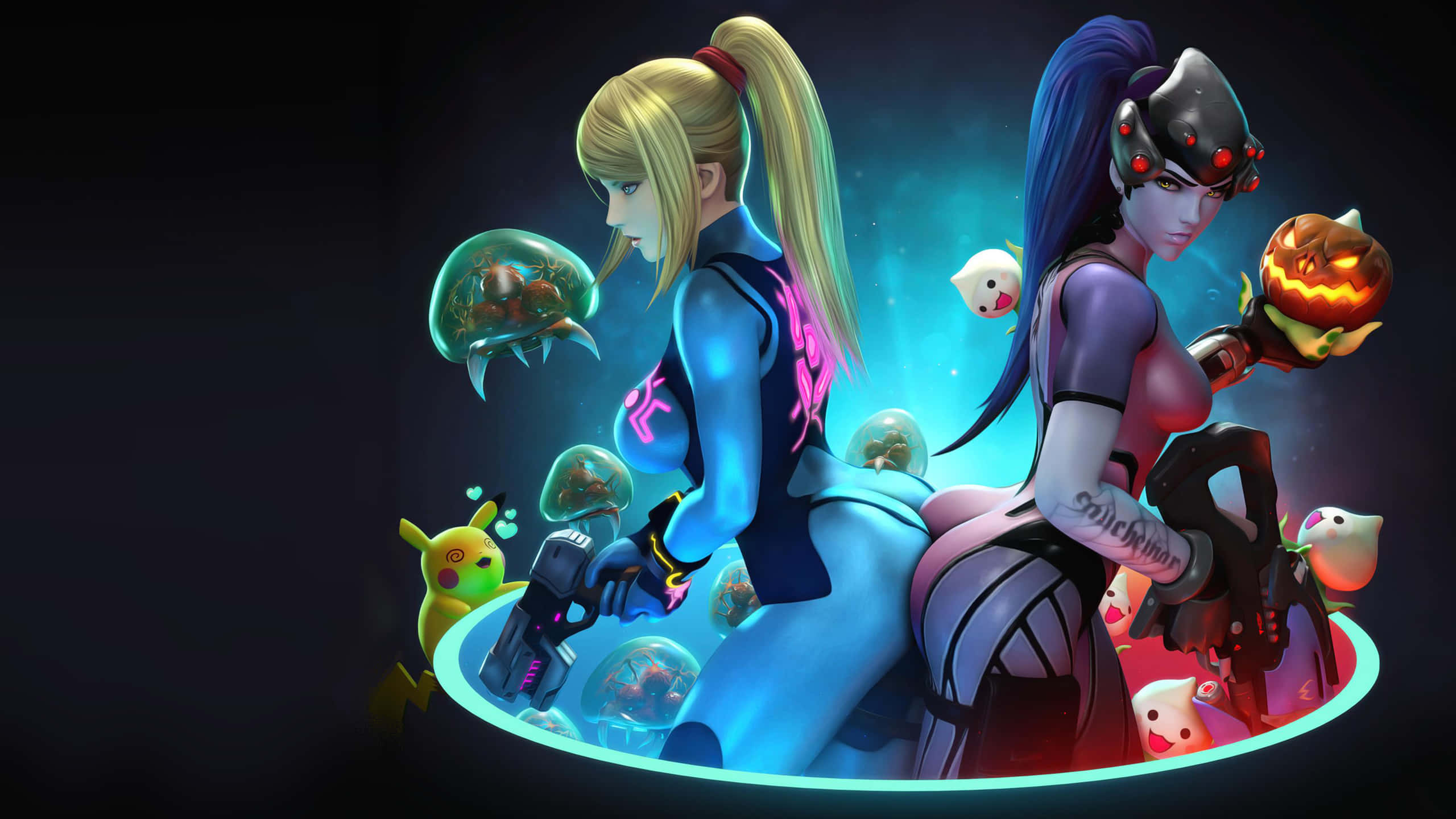 Zero Suit Samus, glowing suits, floating creatures, 2K Desktop Wallpaper
