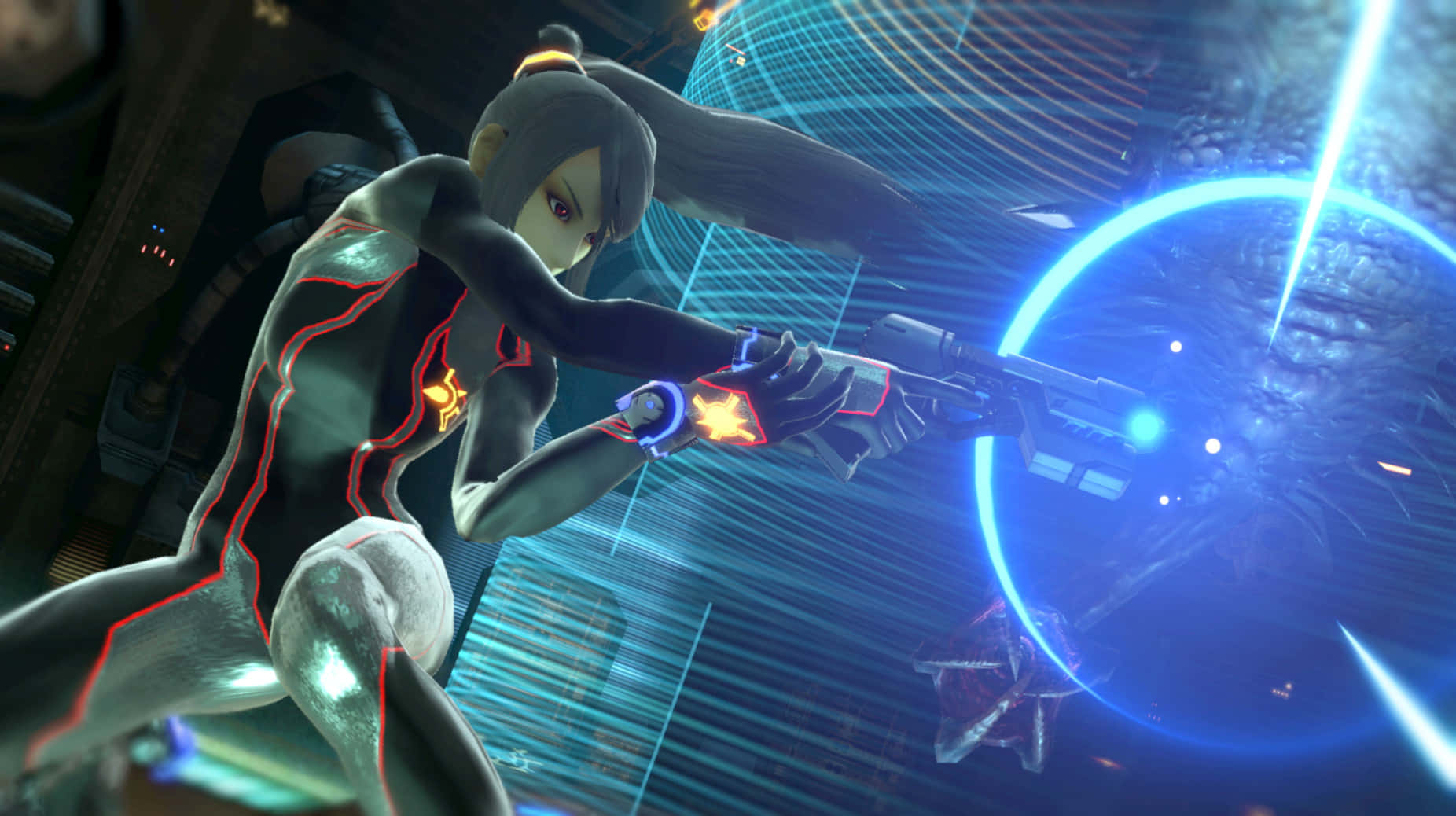 Zero Suit Samus, glowing suit, blaster, HD Desktop Wallpaper