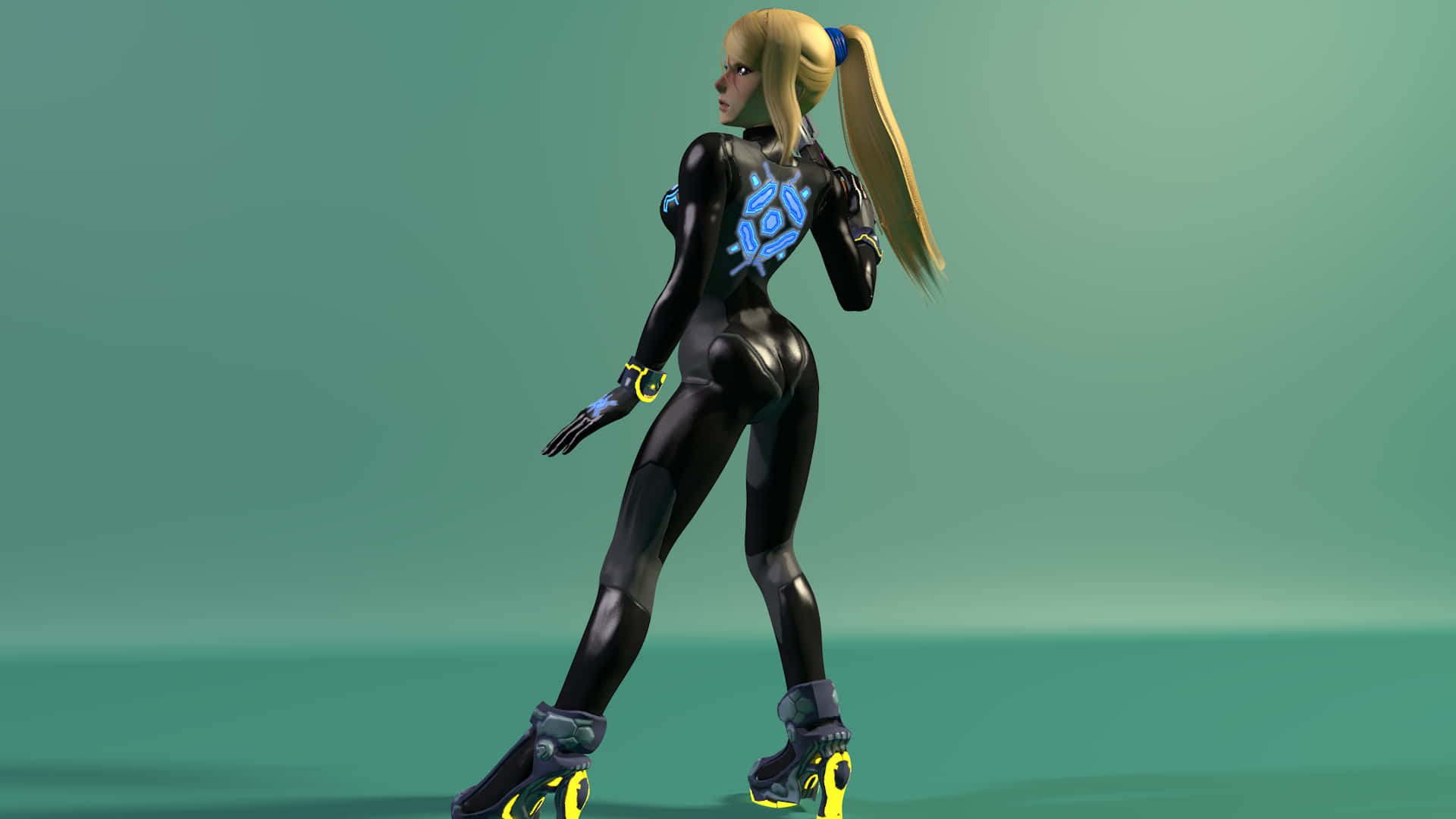 Zero Suit Samus, black futuristic suit, glowing blue patterns, Full HD Desktop Wallpaper