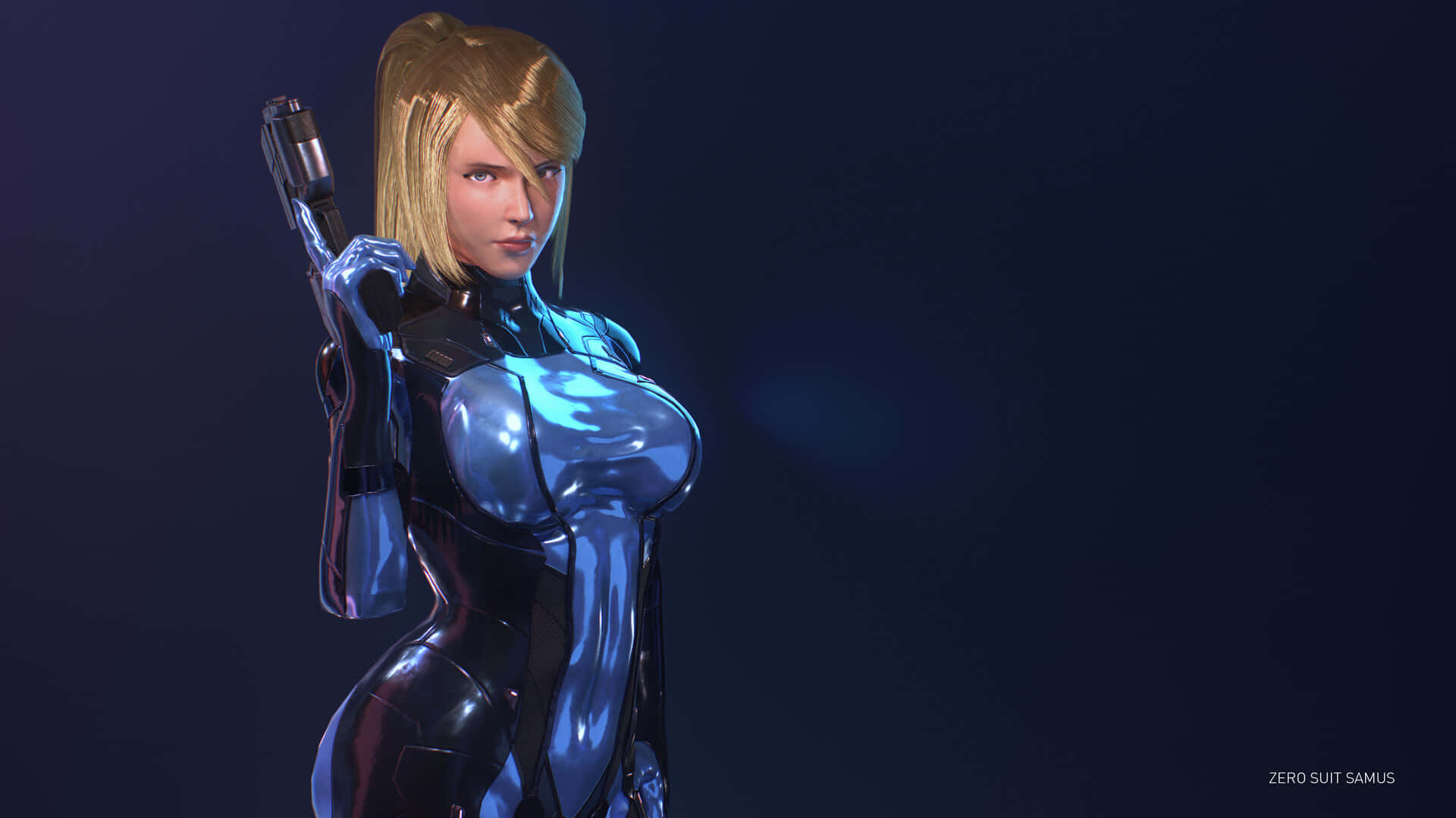 Zero Suit Samus, blue and black armored suit, futuristic weapon, Full HD Desktop Wallpaper