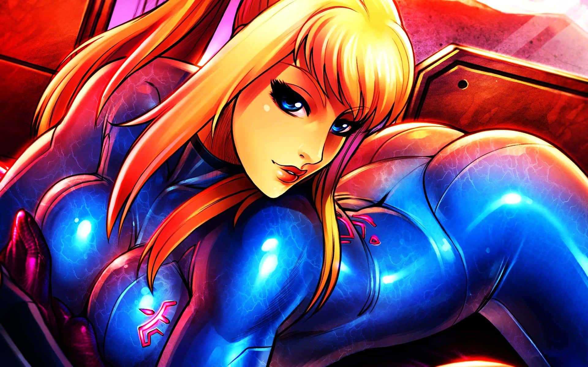 Zero Suit Samus, golden hair, blue armor, Full HD Desktop Wallpaper