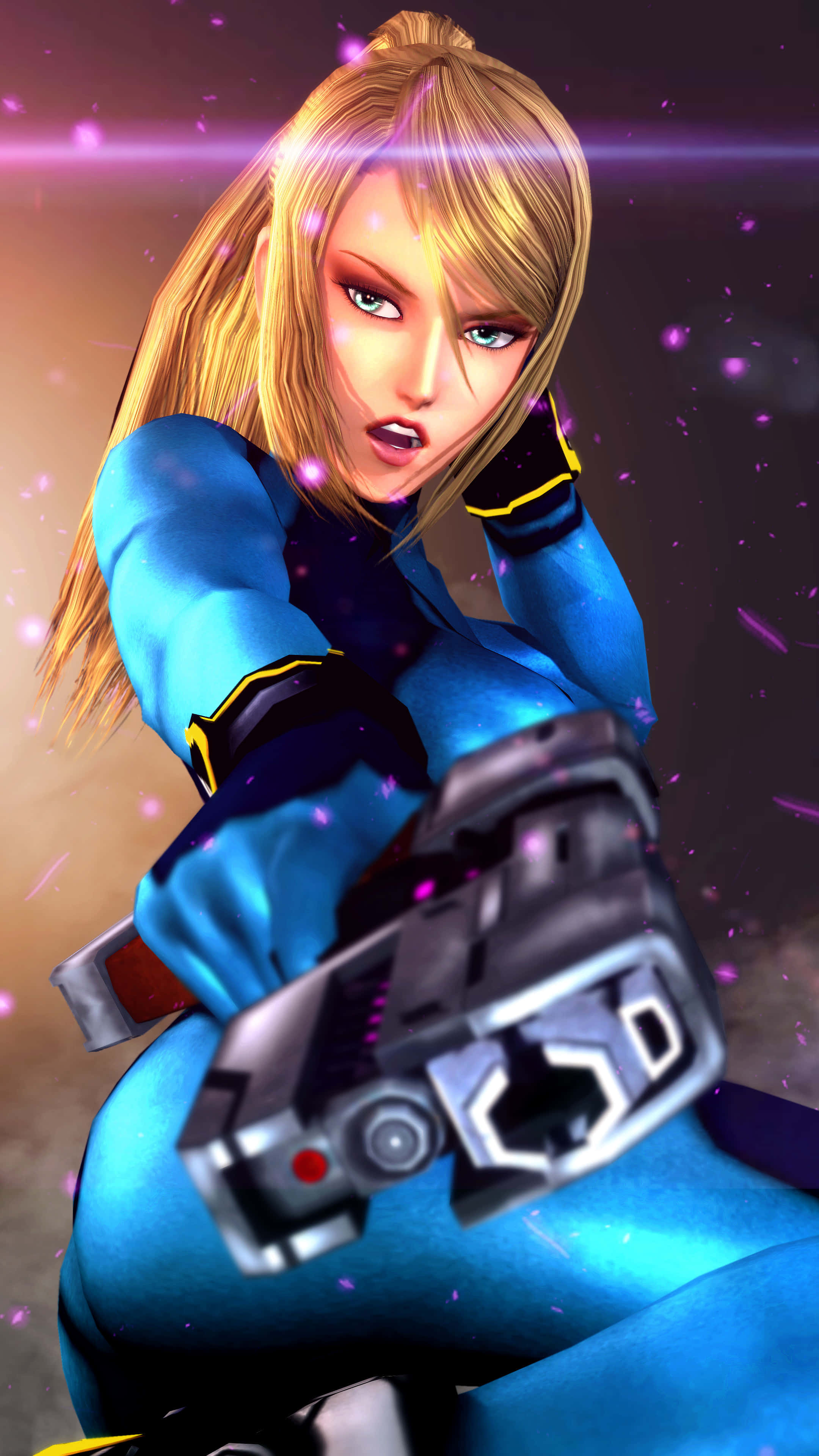 Zero Suit Samus, blonde anime warrior, blue armor, 4K Phone Wallpaper