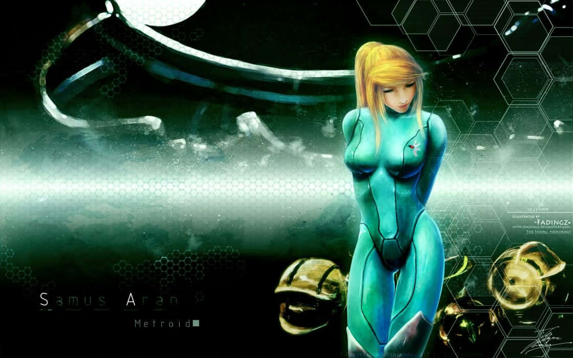 Zero Suit Samus, teal armored suit, dark sci-fi backdrop, SD Desktop Wallpaper