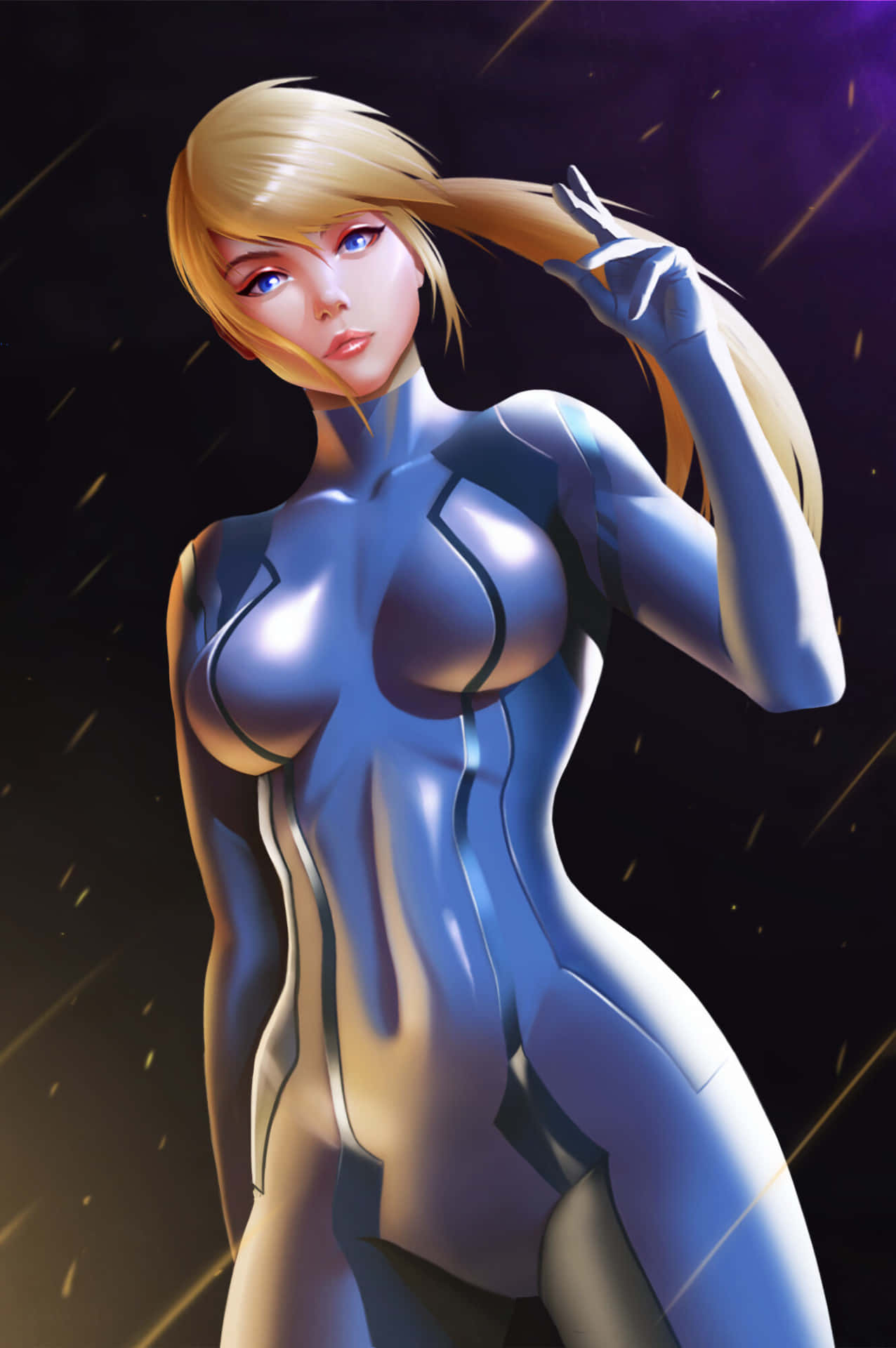 Zero Suit Samus, blonde anime woman, sleek blue futuristic suit, Full HD Phone Wallpaper