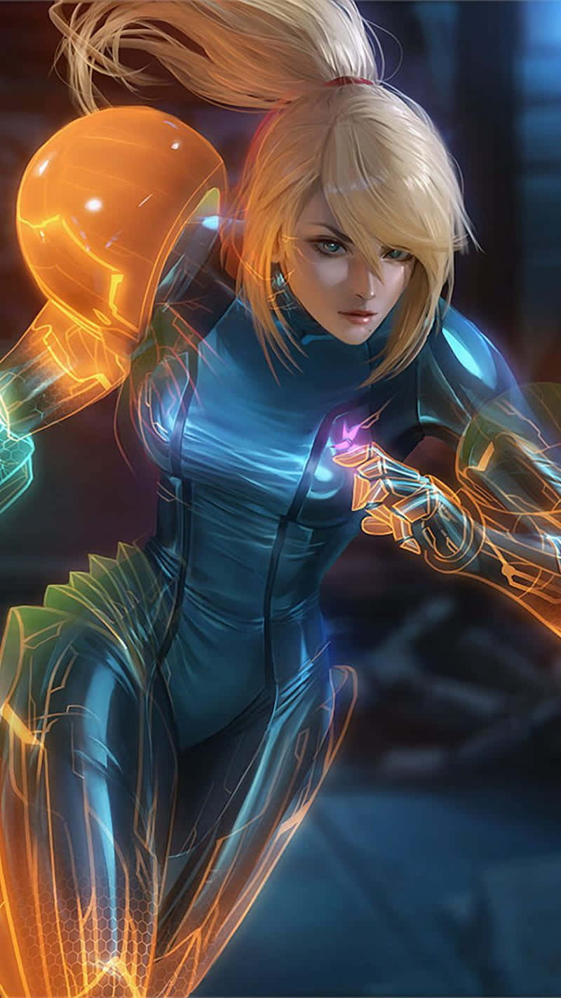 Zero Suit Samus, glowing blue suit, orange and purple lights, HD Phone Wallpaper