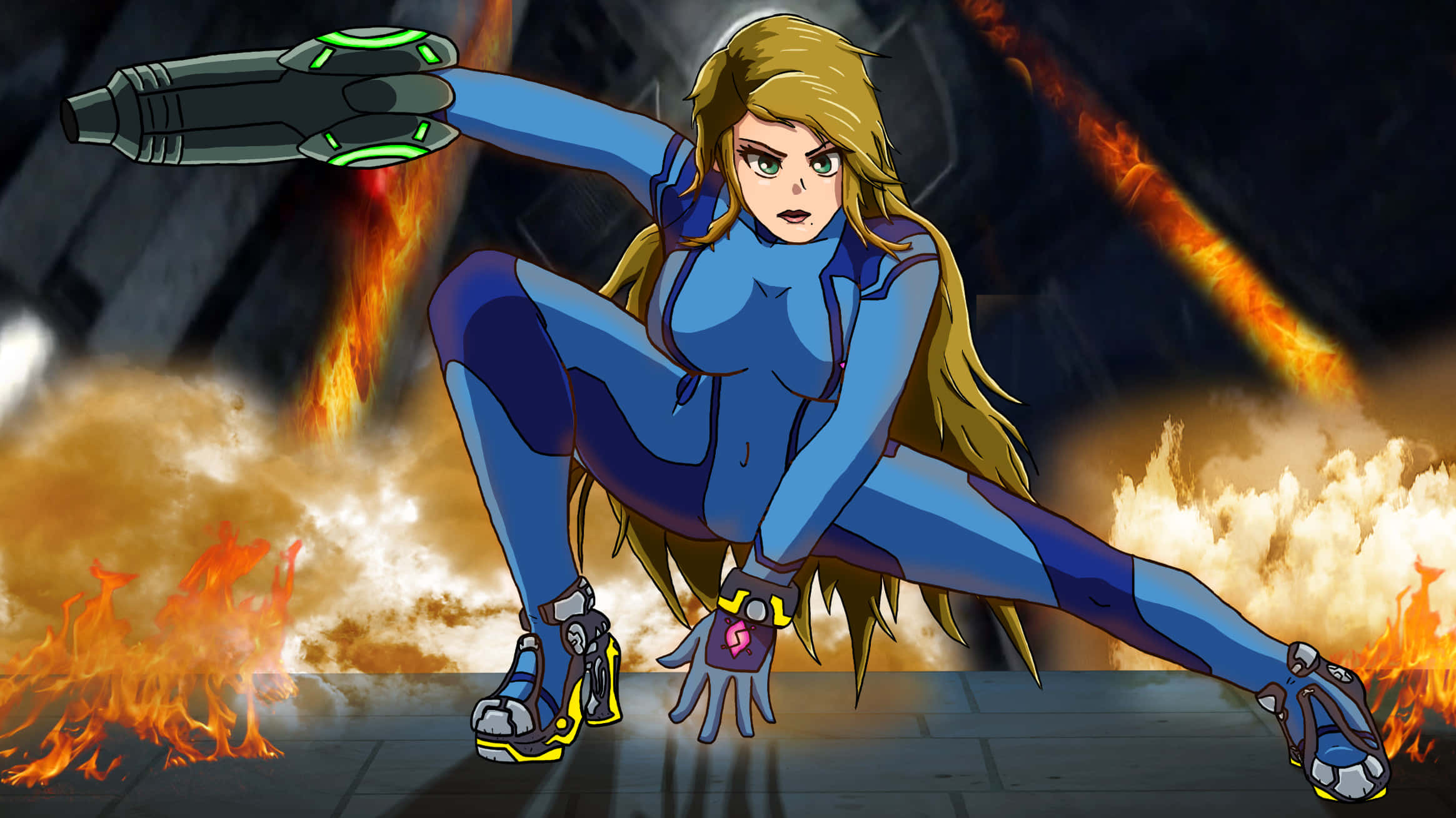 Zero Suit Samus, blonde anime warrior, blue armor, Full HD Desktop Wallpaper