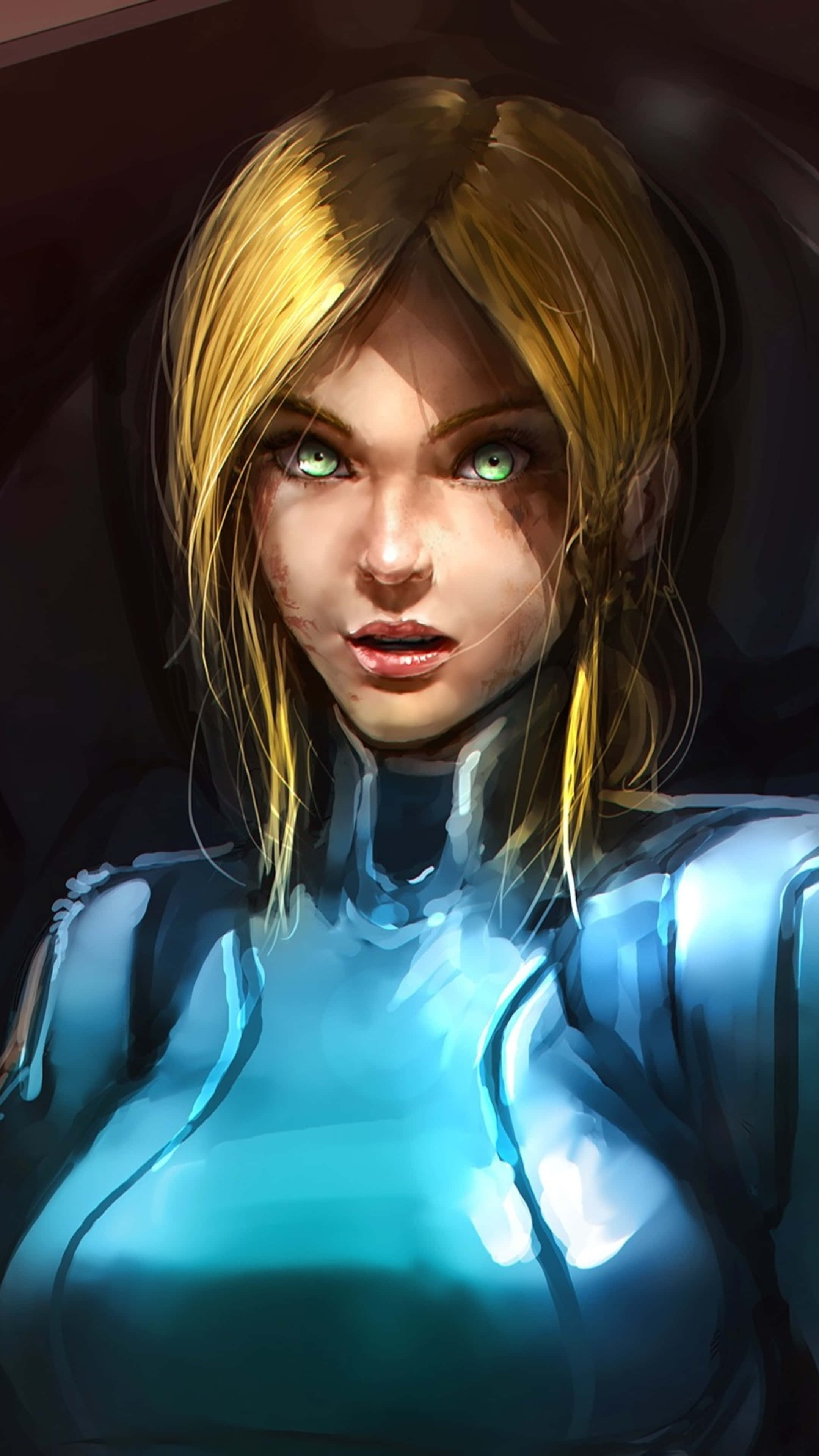 Zero Suit Samus, glowing green eyes, blonde hair, 4K Phone Wallpaper