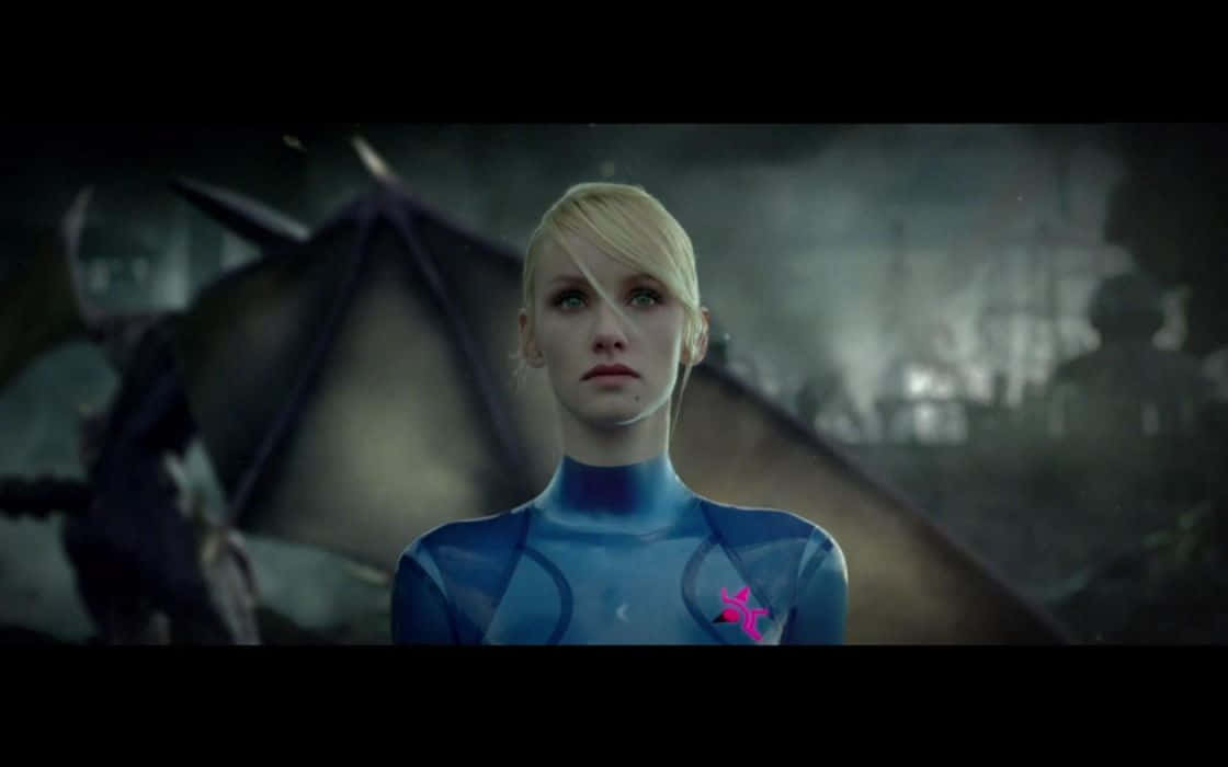 Zero Suit Samus, blue bodysuit, pink emblem, SD Desktop Wallpaper