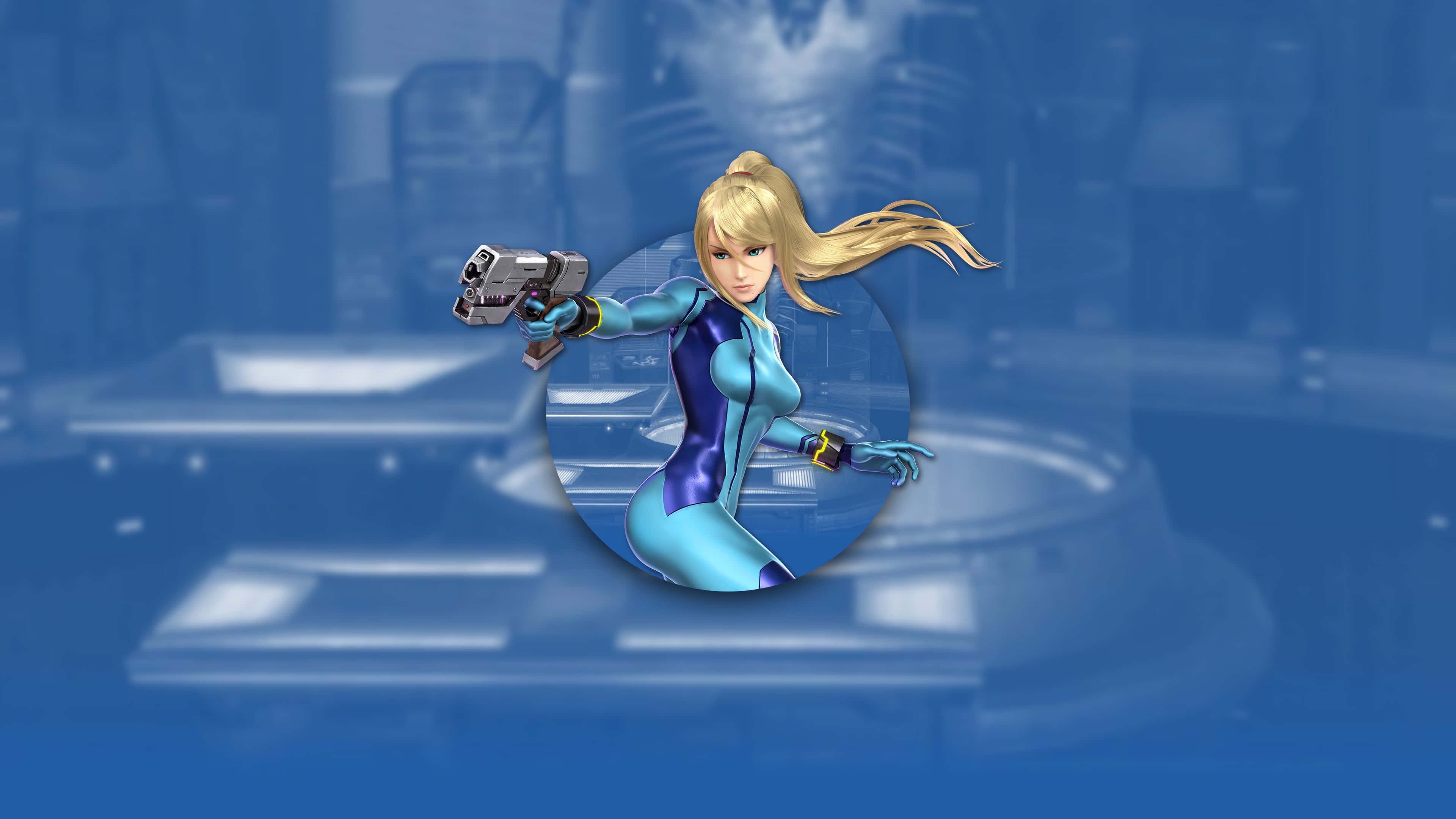 Zero Suit Samus, blue futuristic suit, glowing blue circular portal, 4K Desktop Wallpaper