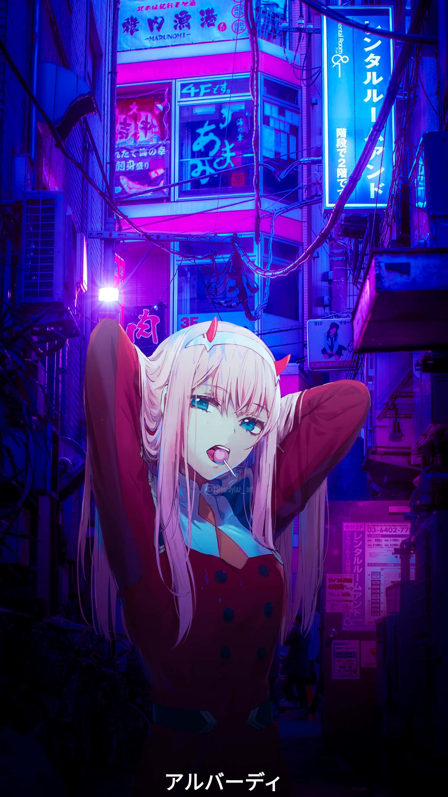 Zero Two, pink-haired anime girl, devil horns, 2K Phone Wallpaper