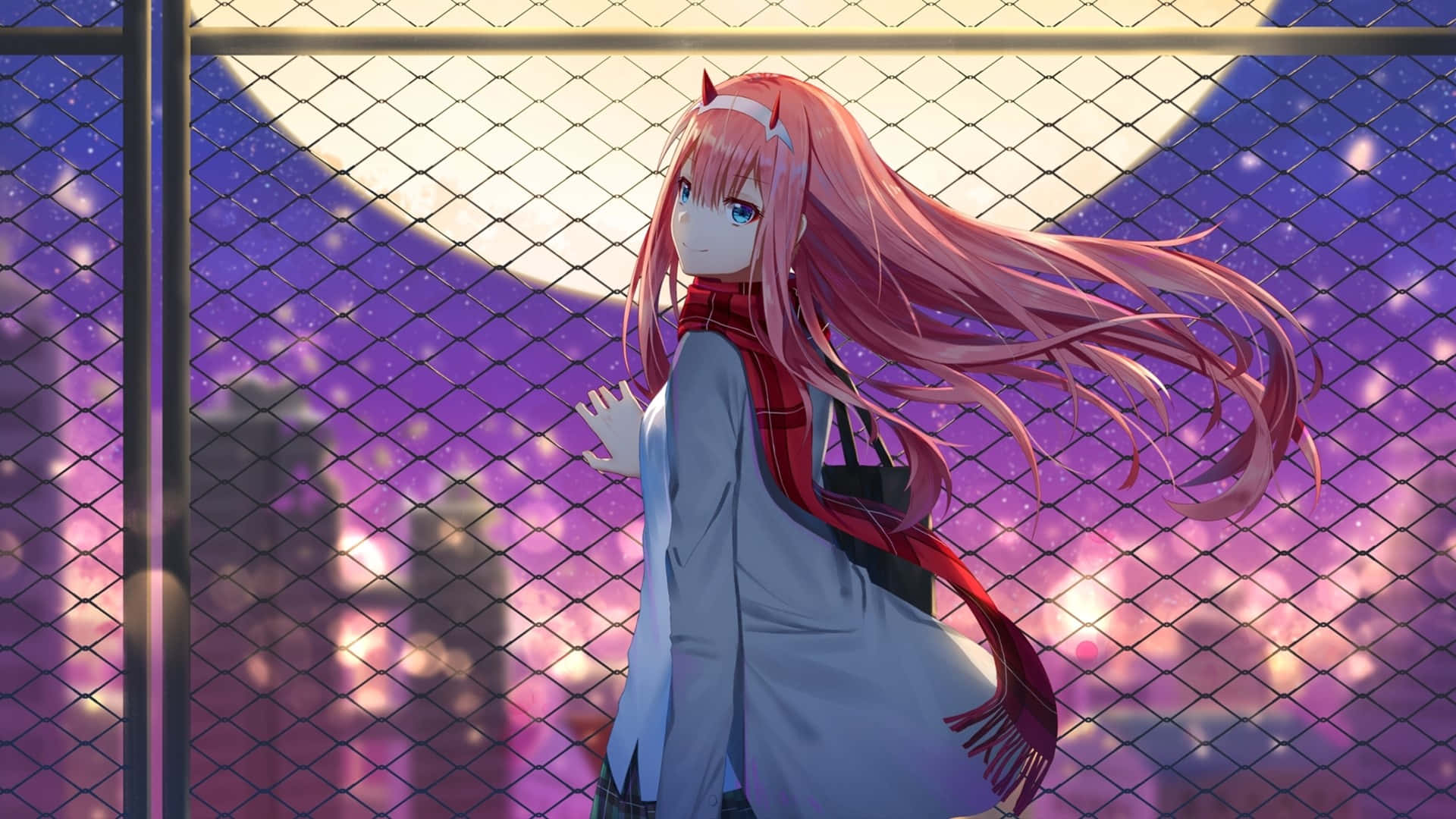 Zero Two, pink-haired anime girl, red scarf, Full HD Desktop Wallpaper