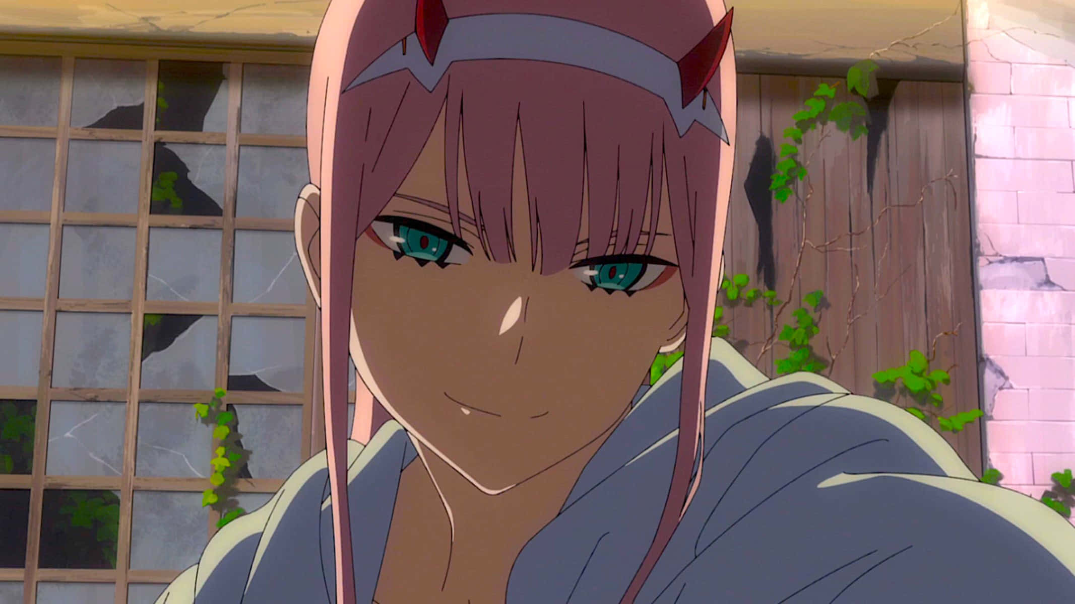 Zero Two, pink-haired anime girl, red horns, Full HD Desktop Wallpaper