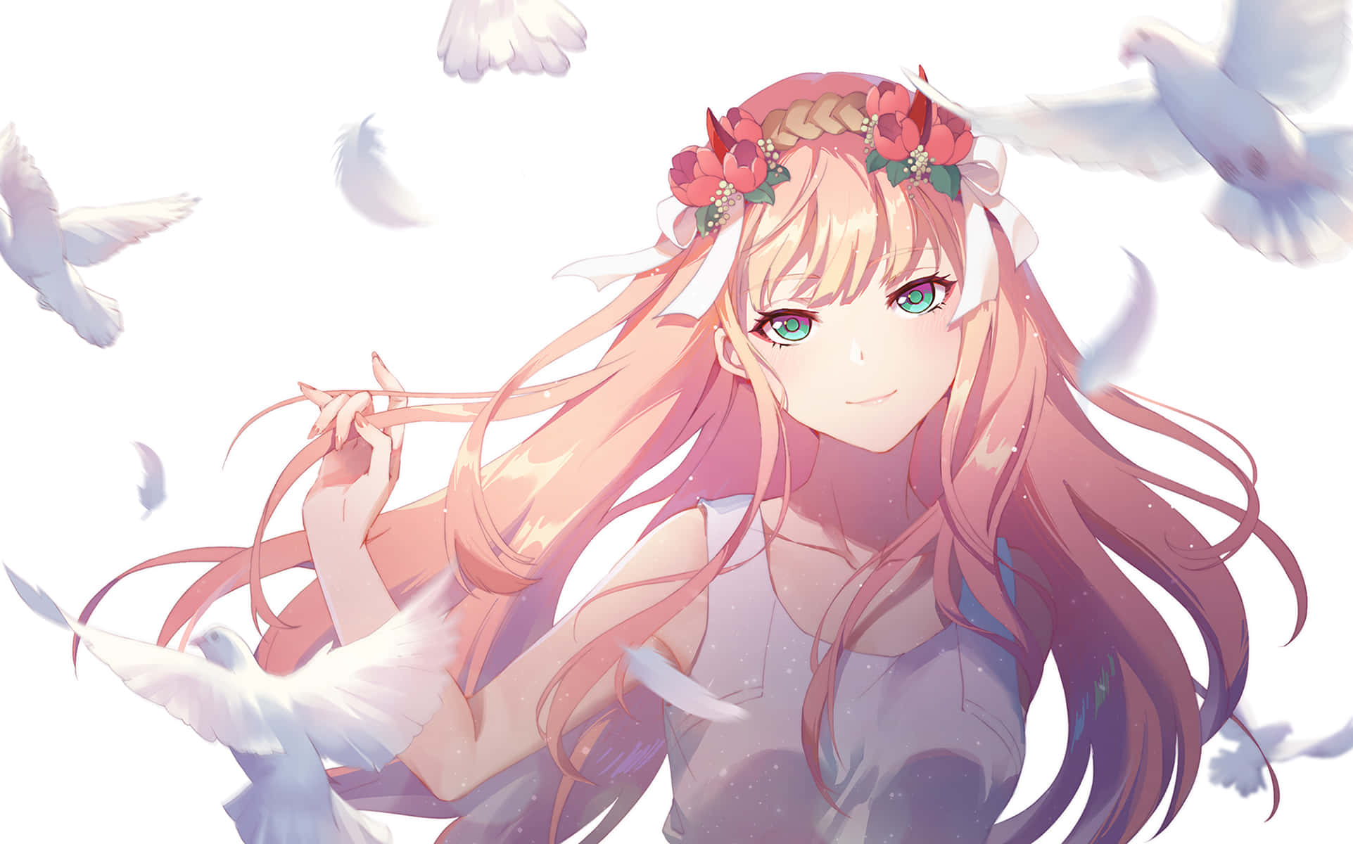 Zero Two, pink hair, floral crown, Full HD Desktop Wallpaper