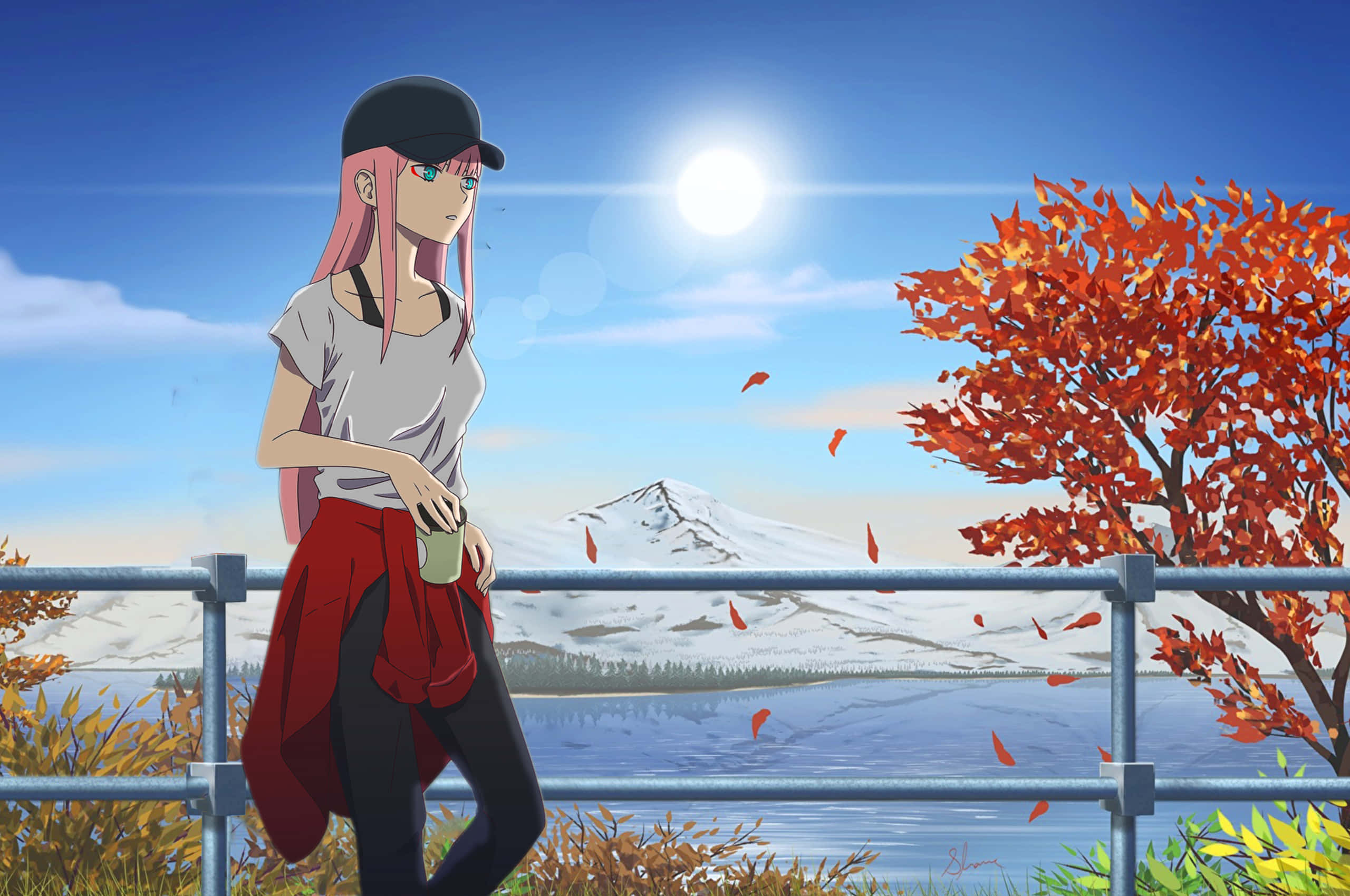Zero Two, pink-haired anime girl, cap, 2K Desktop Wallpaper