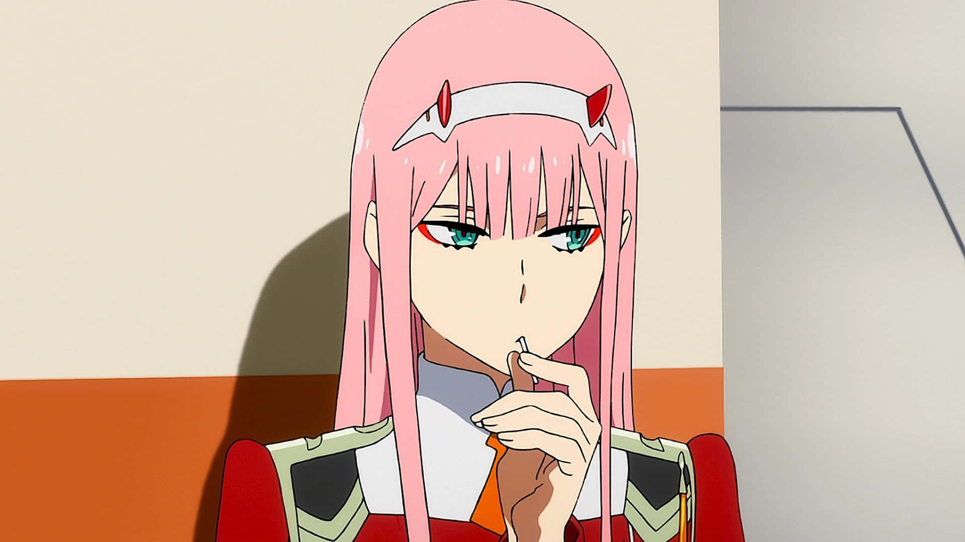 Zero Two, pink-haired anime girl, red uniform, Full HD Desktop Wallpaper