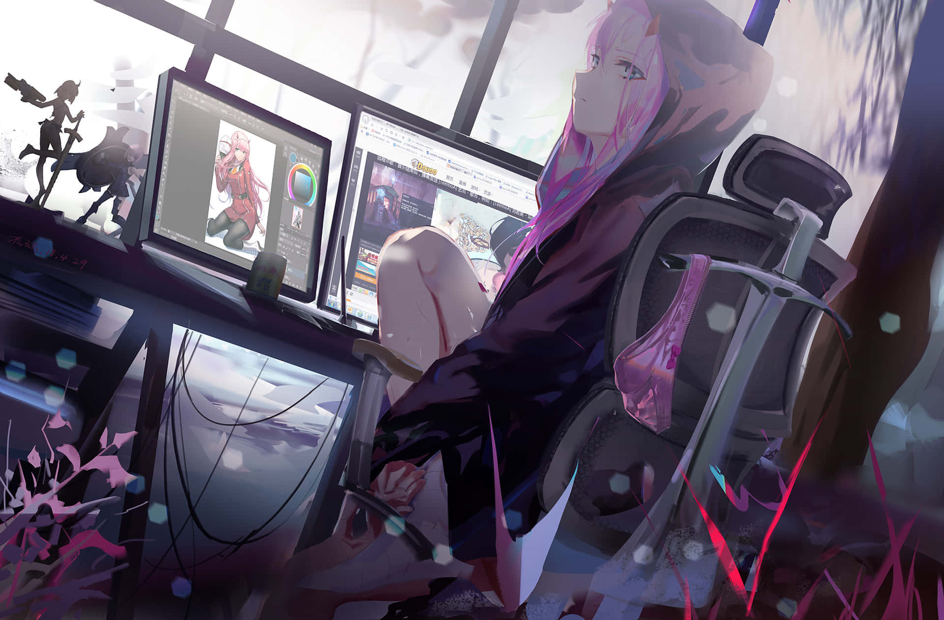Zero Two, pink hair, gaming chair, Full HD Desktop Wallpaper
