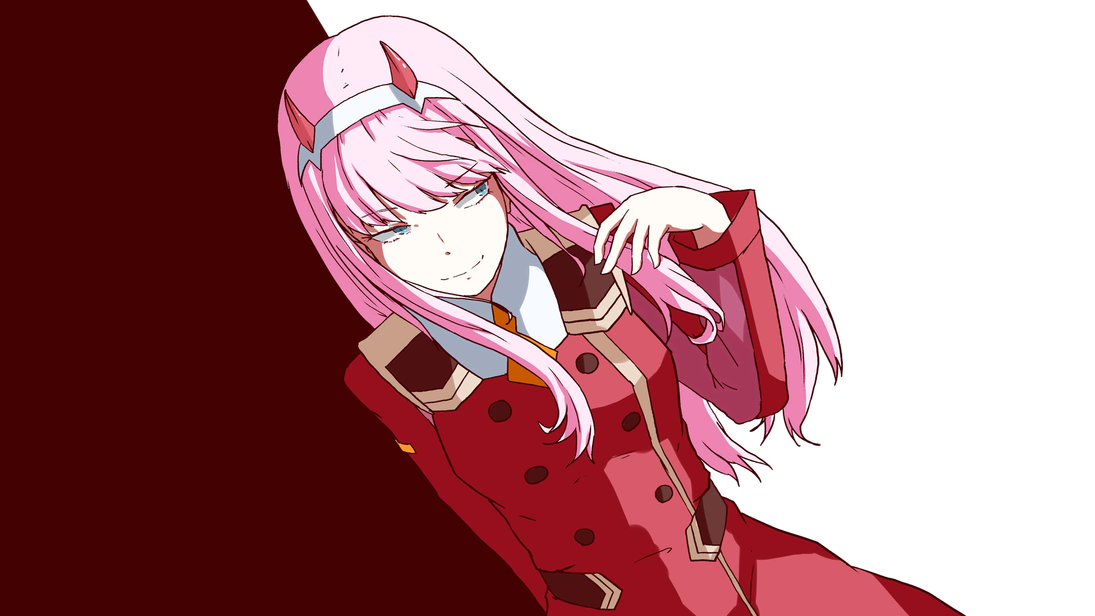 Zero Two, pink-haired anime girl, red horns, 4K Desktop Wallpaper