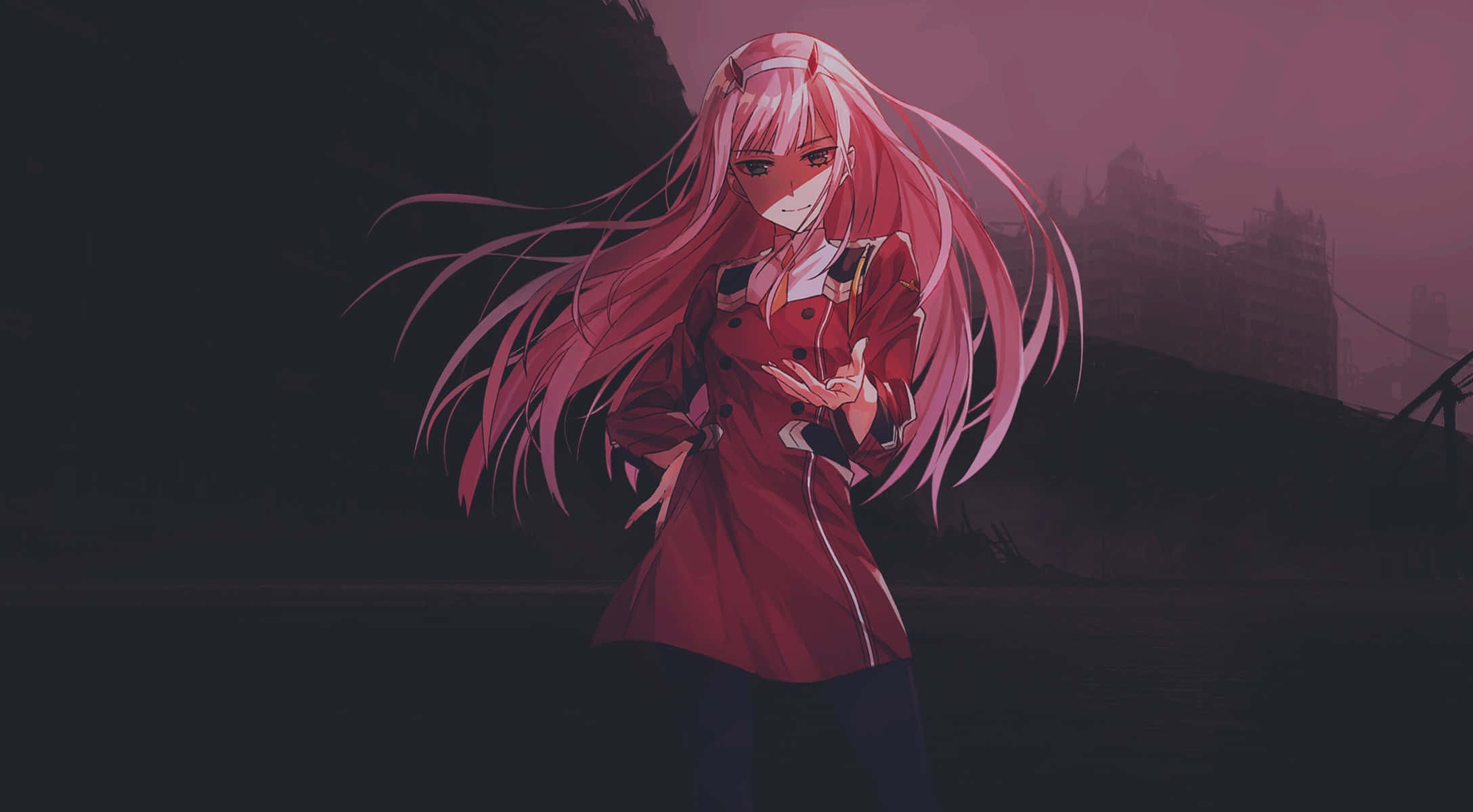 Zero Two, pink-haired anime girl, red coat, Full HD Desktop Wallpaper