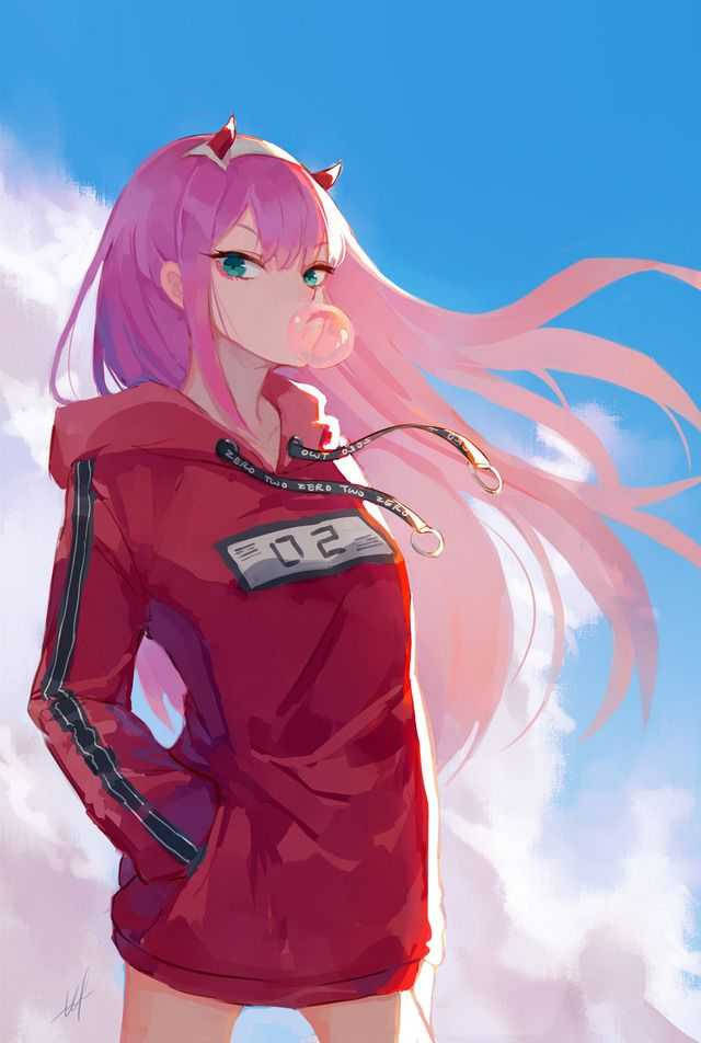 Zero Two, red hoodie, pink-haired, SD Phone Wallpaper