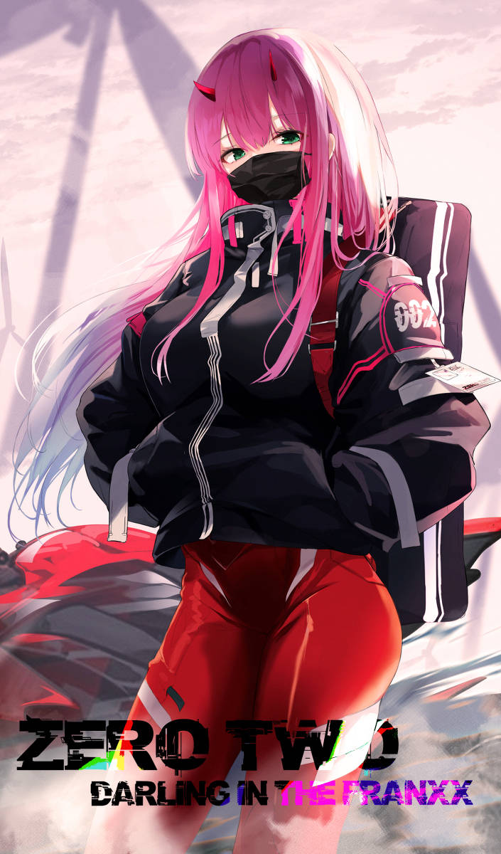 Zero Two, pink-haired anime girl, black jacket, SD Phone Wallpaper