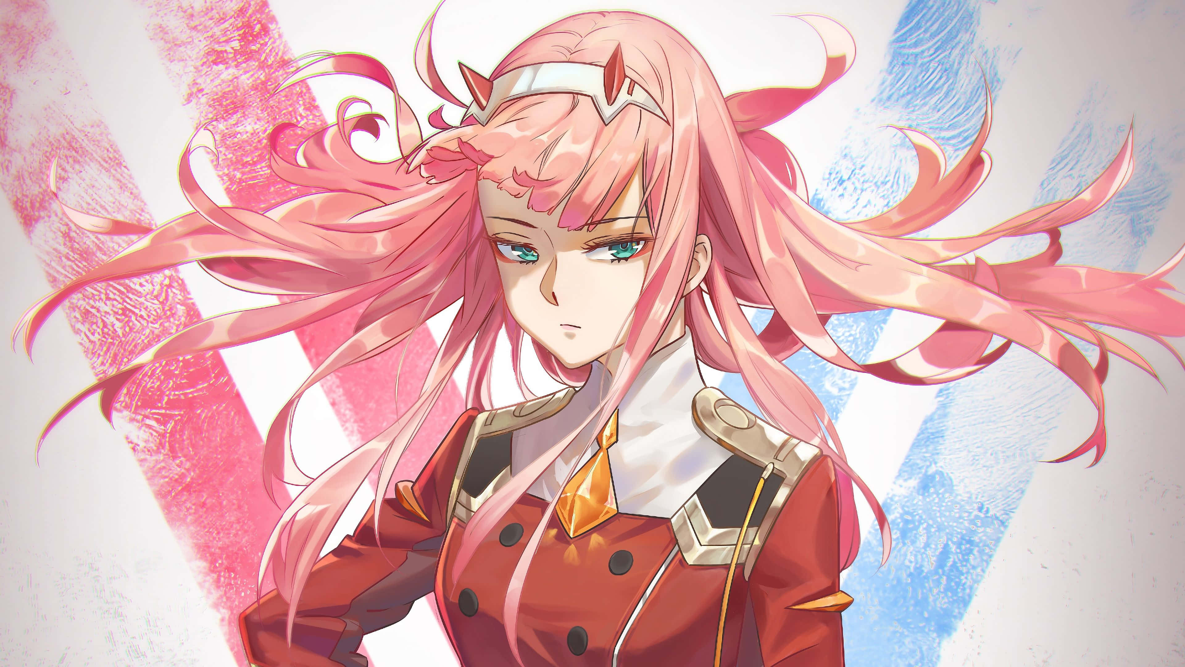 Zero Two, pink-haired anime girl, red military-style uniform, 4K Desktop Wallpaper