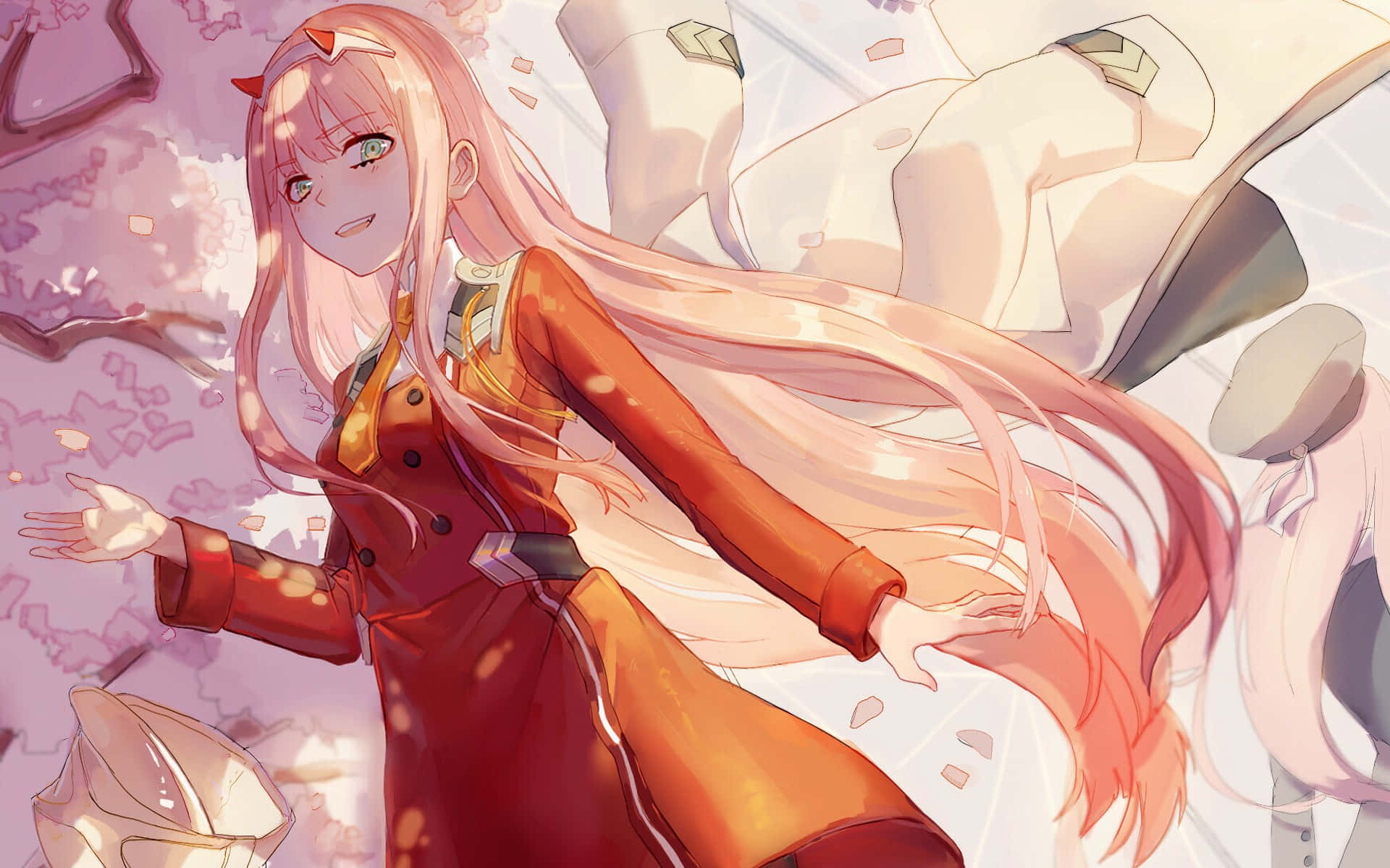 Zero Two, pink hair, red outfit, Full HD Desktop Wallpaper