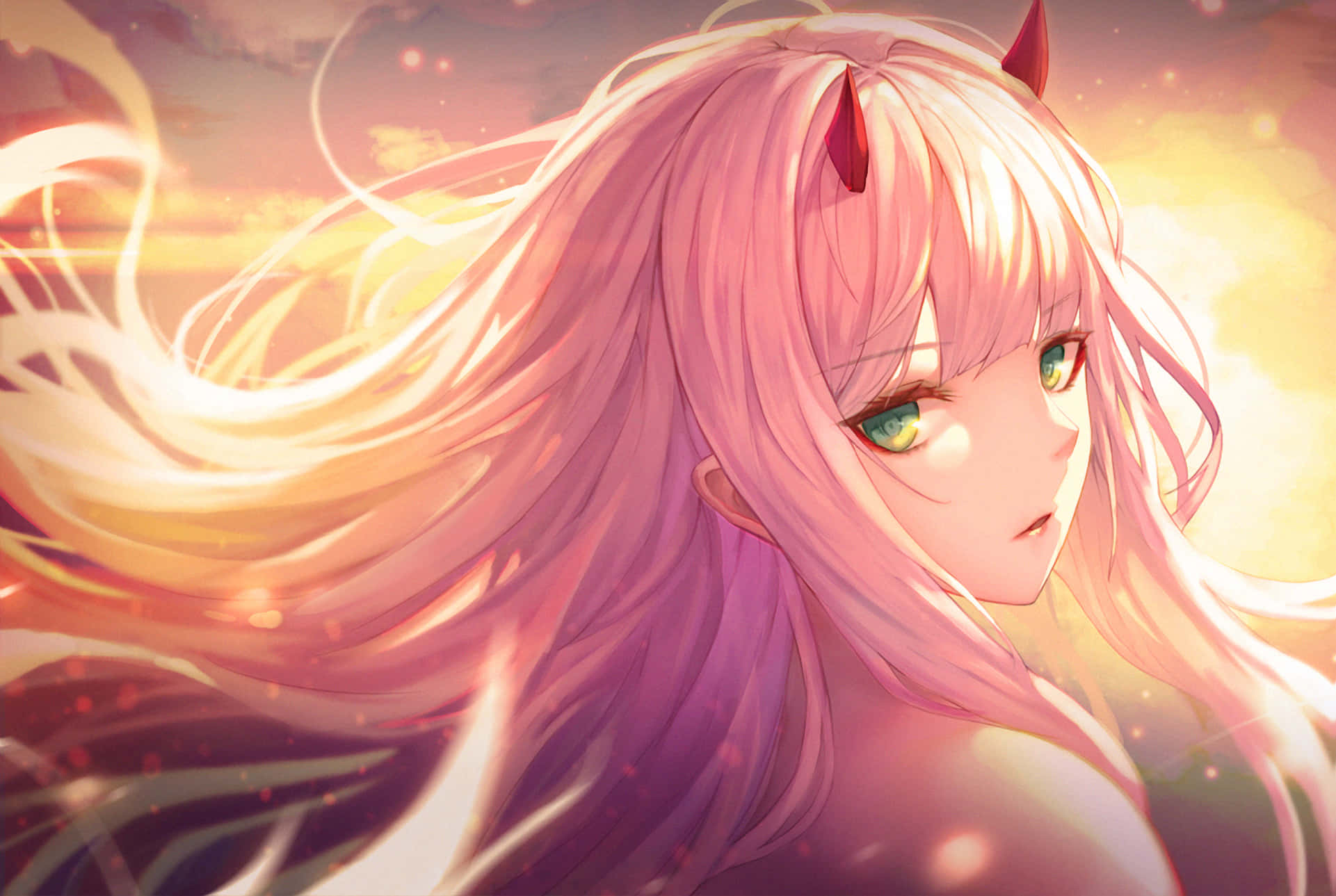 Zero Two, pink-haired, red horns, Full HD Desktop Wallpaper