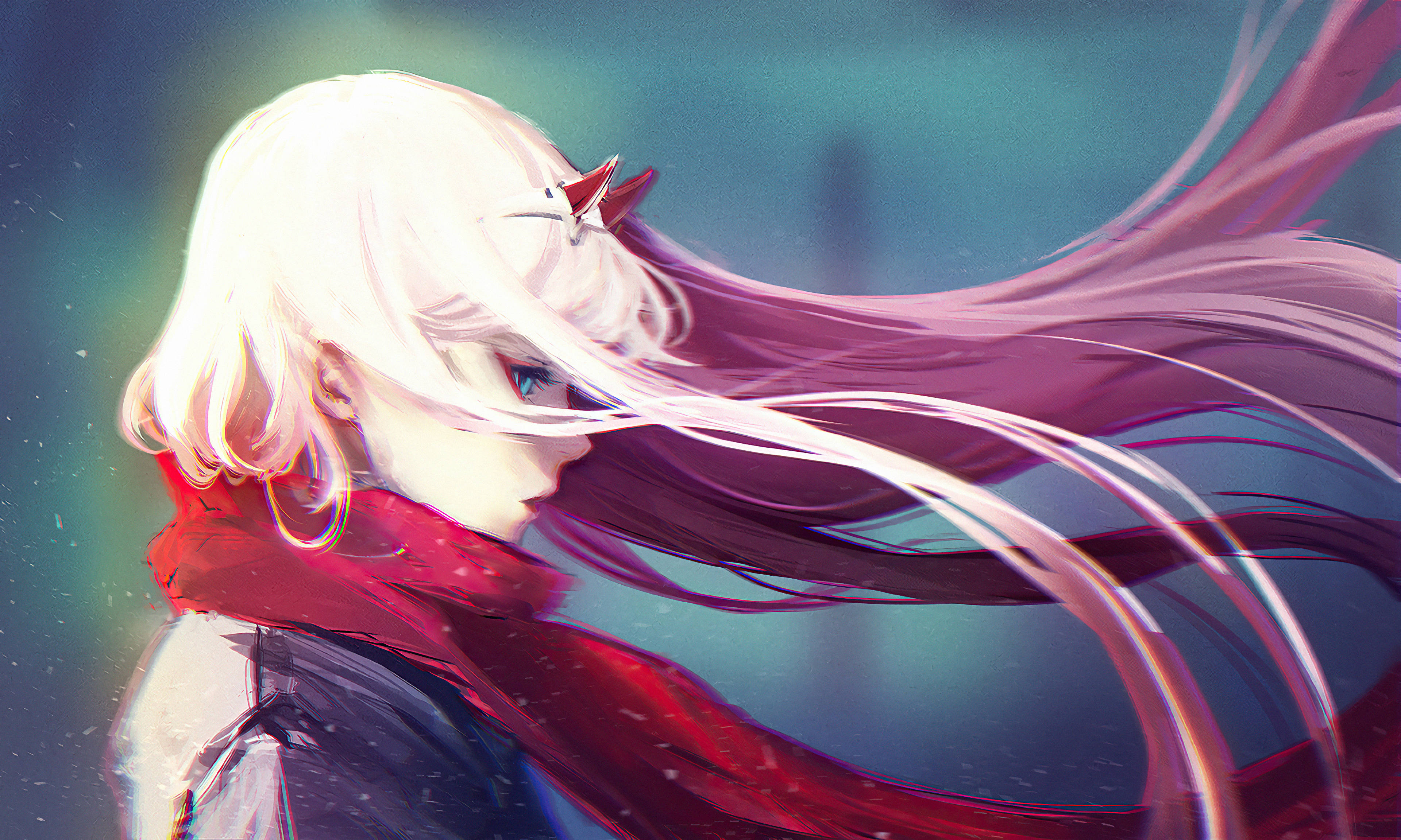 Zero Two, white-haired anime girl, red scarf, 4K Desktop Wallpaper