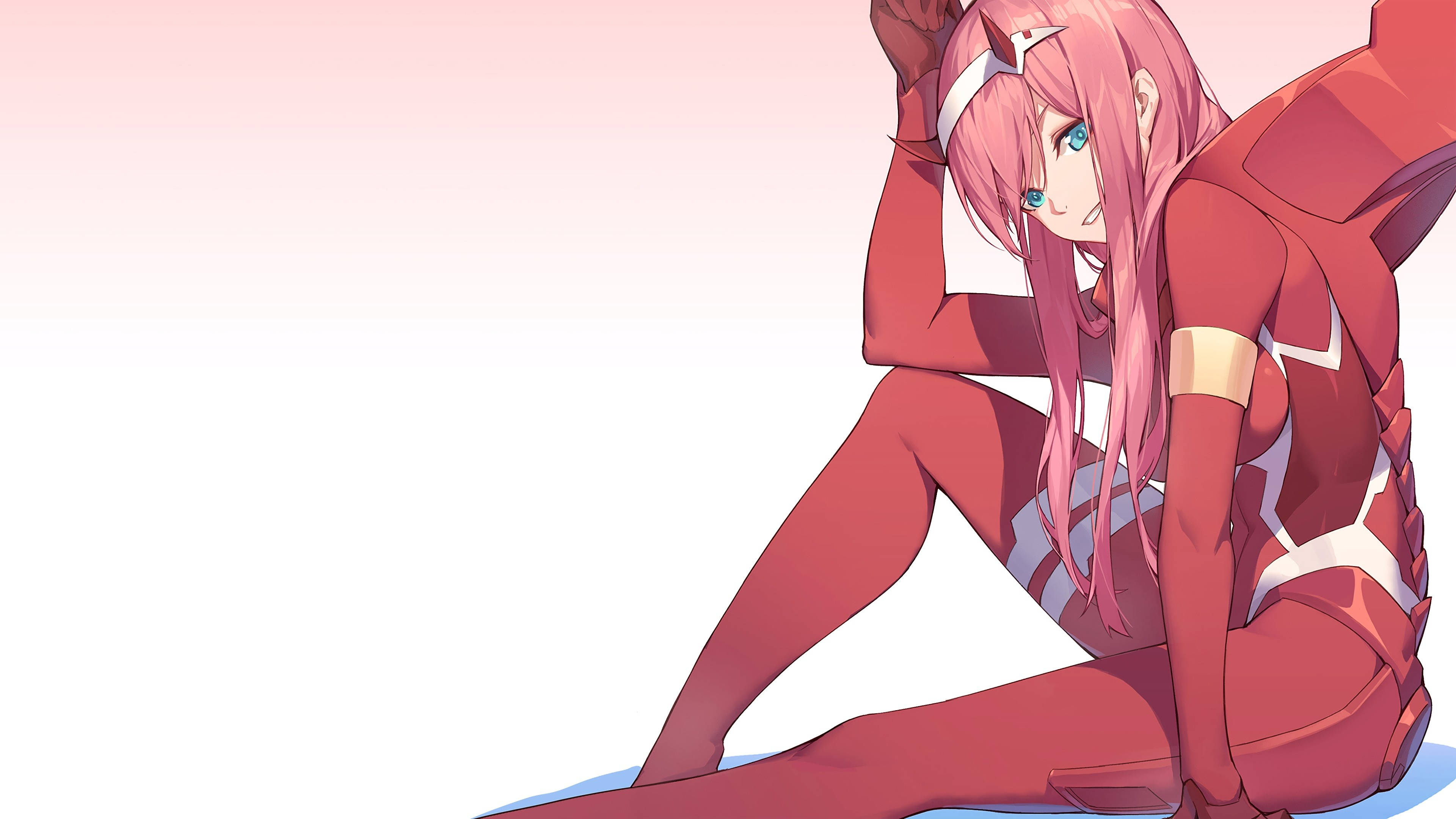 Zero Two, pink-haired anime girl, red and white suit, 4K Desktop Wallpaper