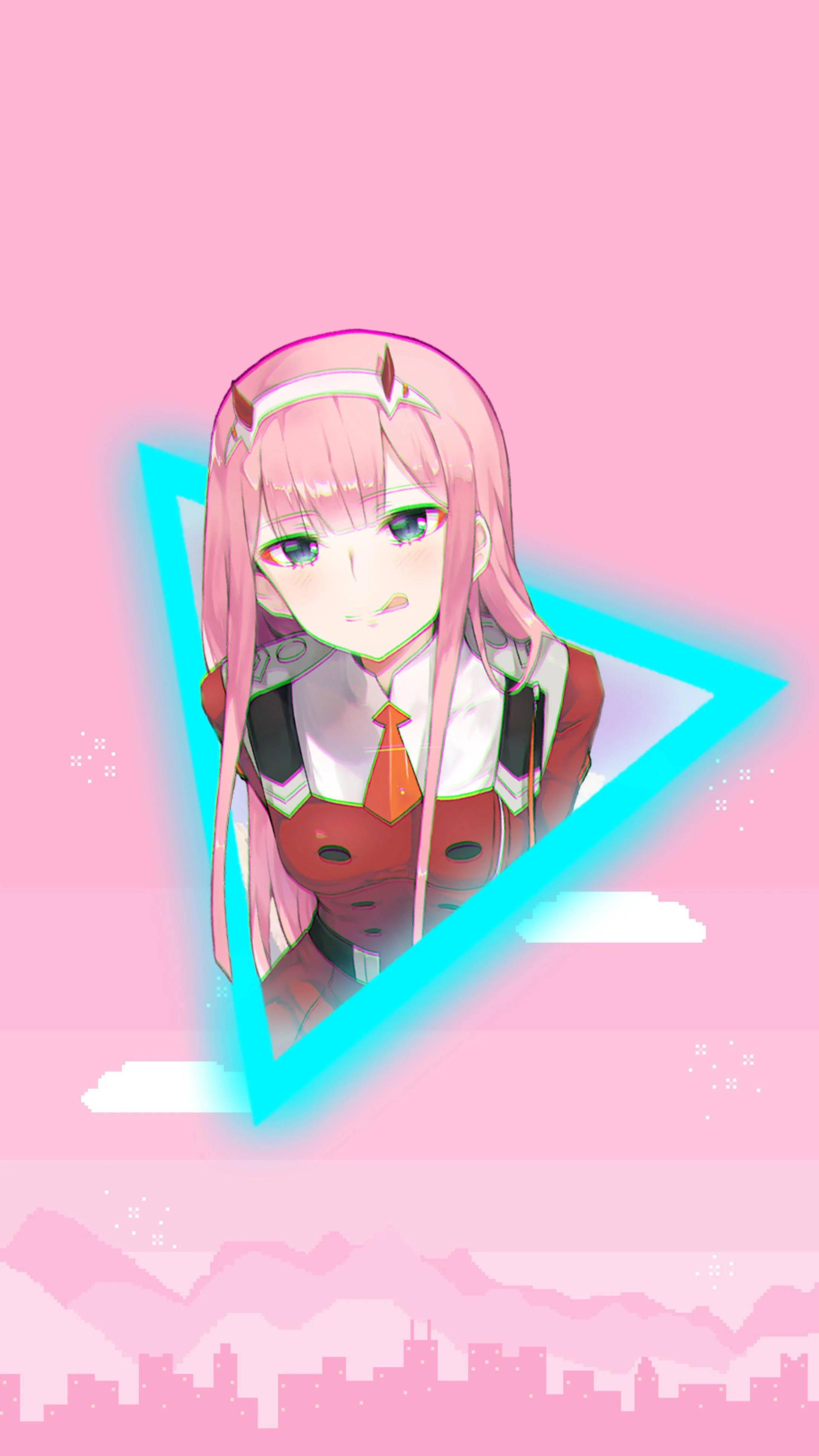 Zero Two, glowing blue triangle, pastel pink sky, 4K Phone Wallpaper