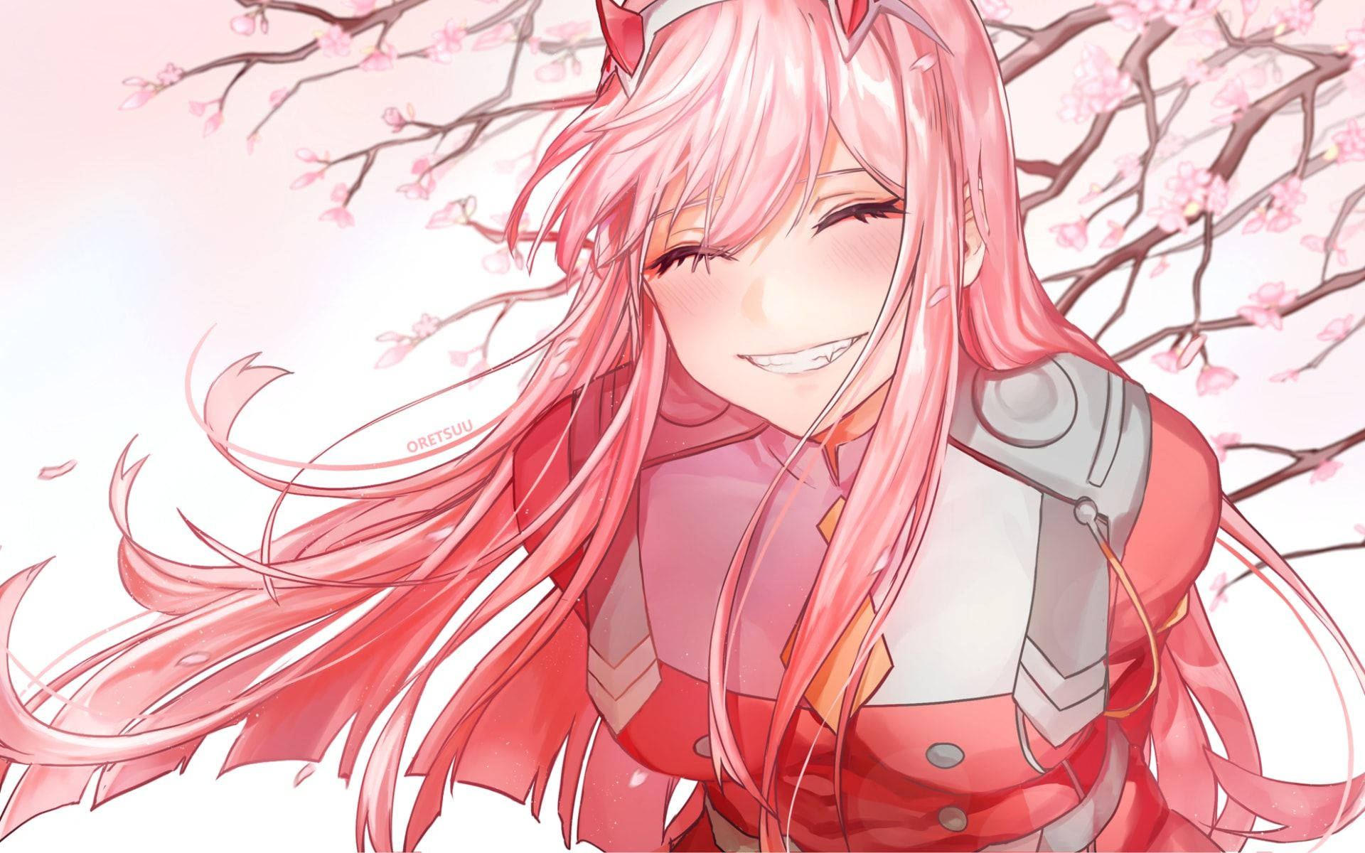 Zero Two, cherry blossoms, pink hair, Full HD Desktop Wallpaper