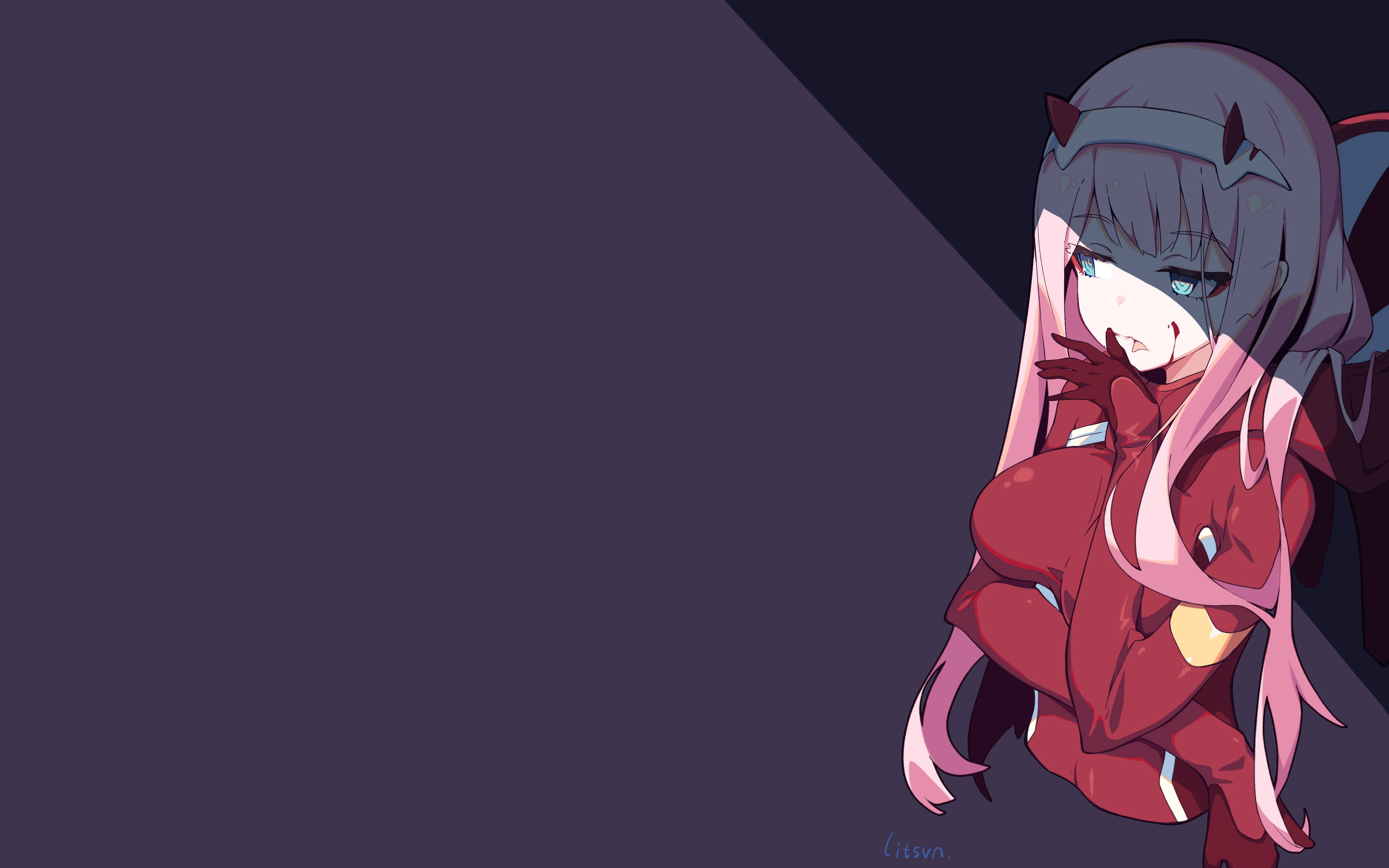 Zero Two, pink-haired anime girl, devil horns, 4K Desktop Wallpaper