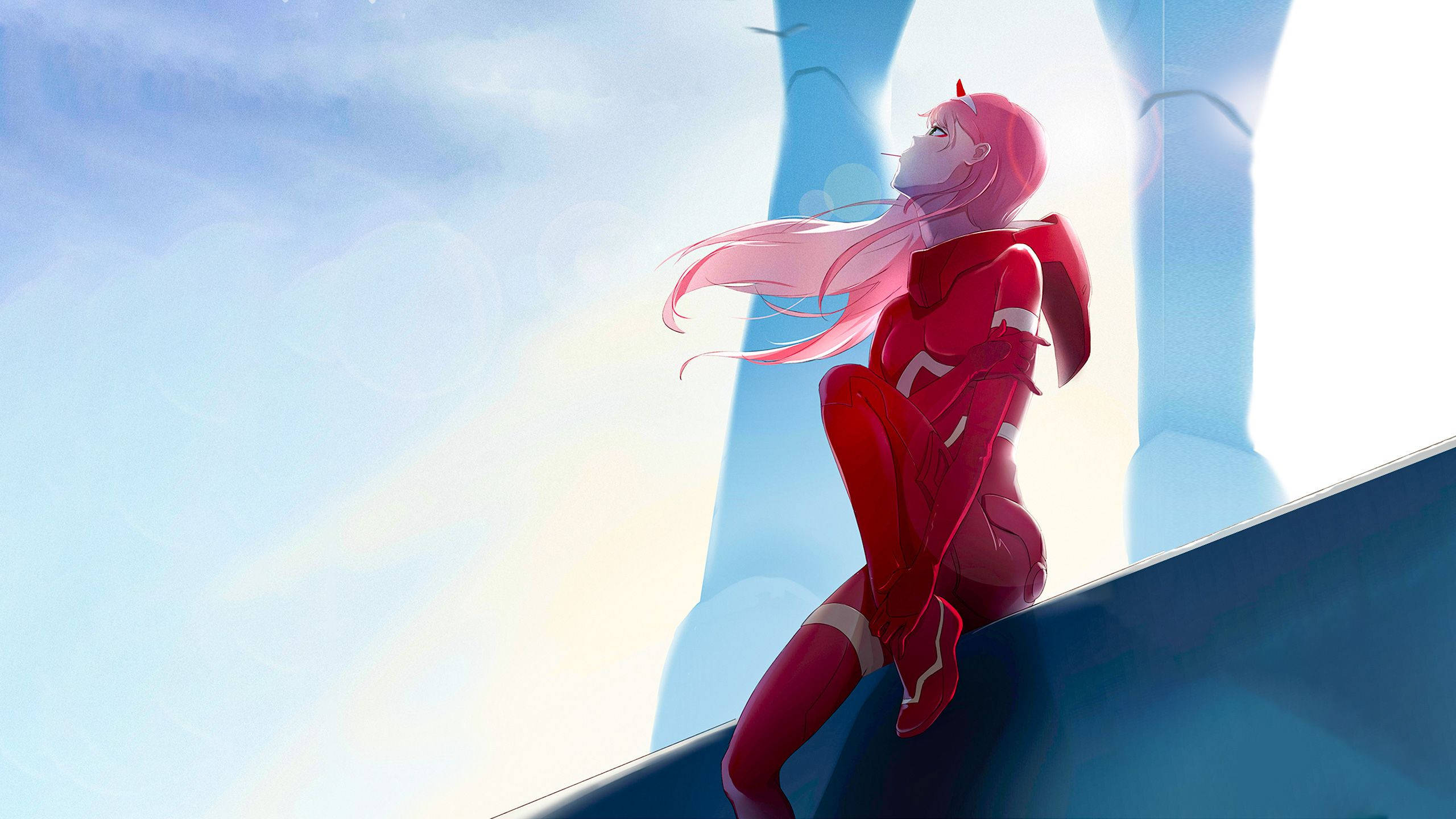 Zero Two, pink-haired anime girl, red suit, 2K Desktop Wallpaper