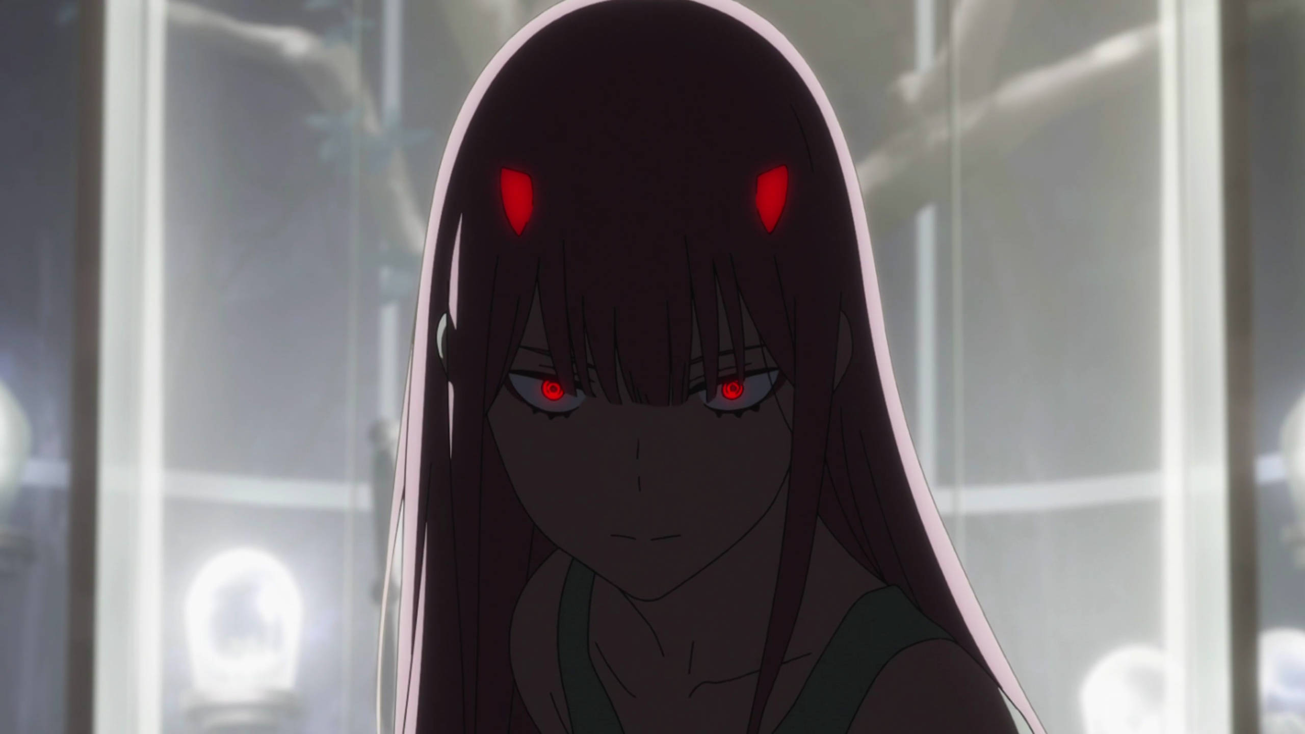 Zero Two, glowing red eyes, devil horns, 2K Desktop Wallpaper